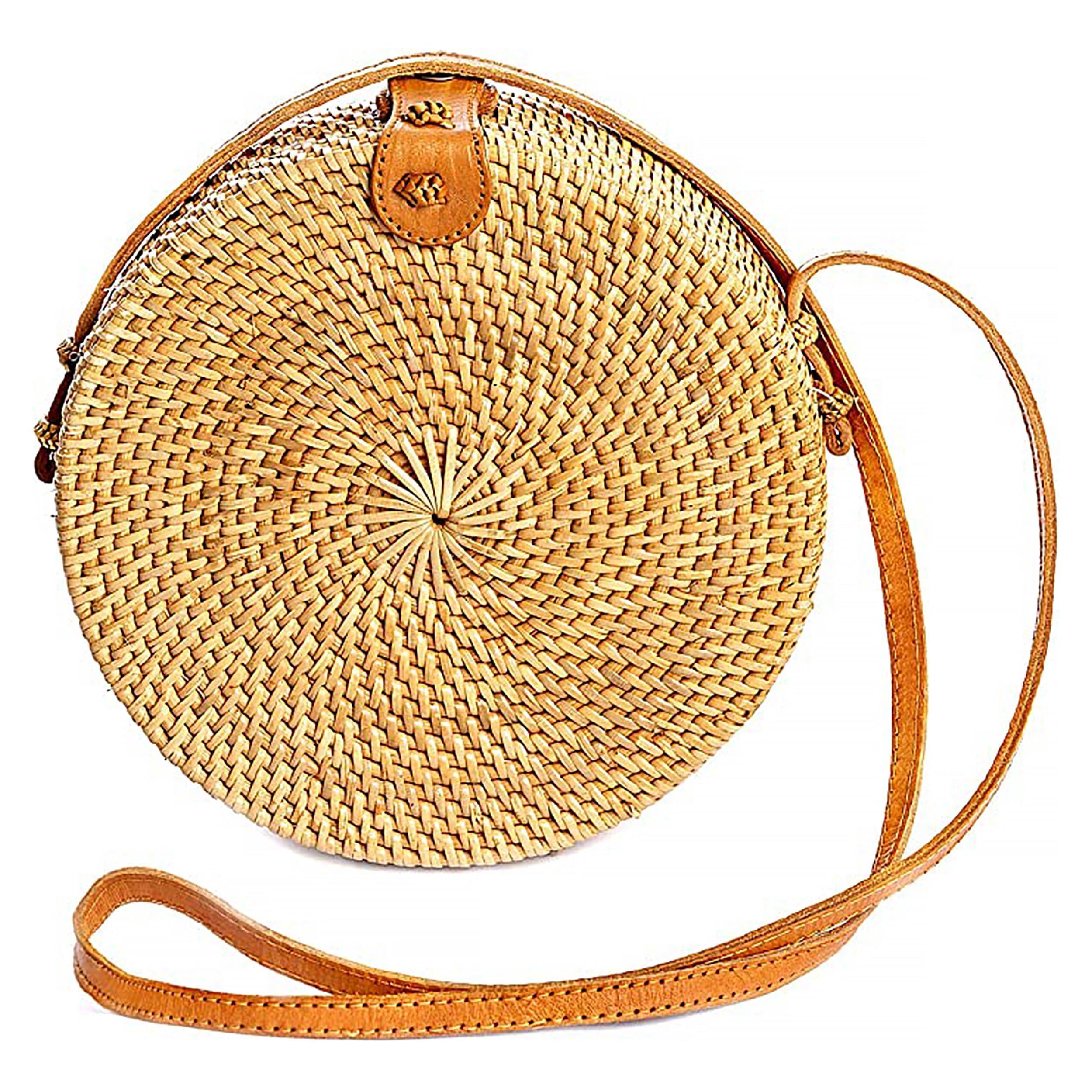 Novum Crafts Round Rattan Bag for Women - Handmade Straw Bags - Wicker Purse - Brown White Circle Crossbody Boho Bags - Handmade Lifestyle Shop