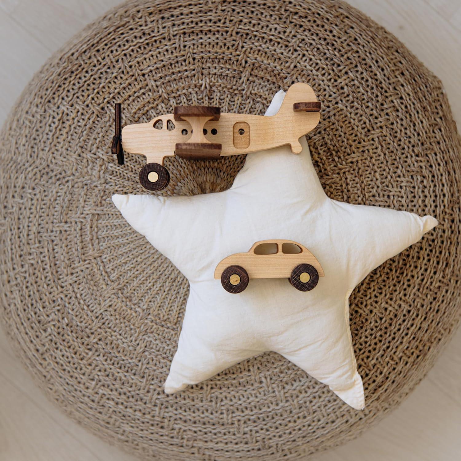 Busy Puzzle Montessori Wooden Airplane and Car Set – Handcrafted Natural Wood Push Toys for Toddlers, Montessori-Inspired, Imaginative Travel Play Set, Natural Solid Wood Toddler Toys - Handmade Lifestyle Shop