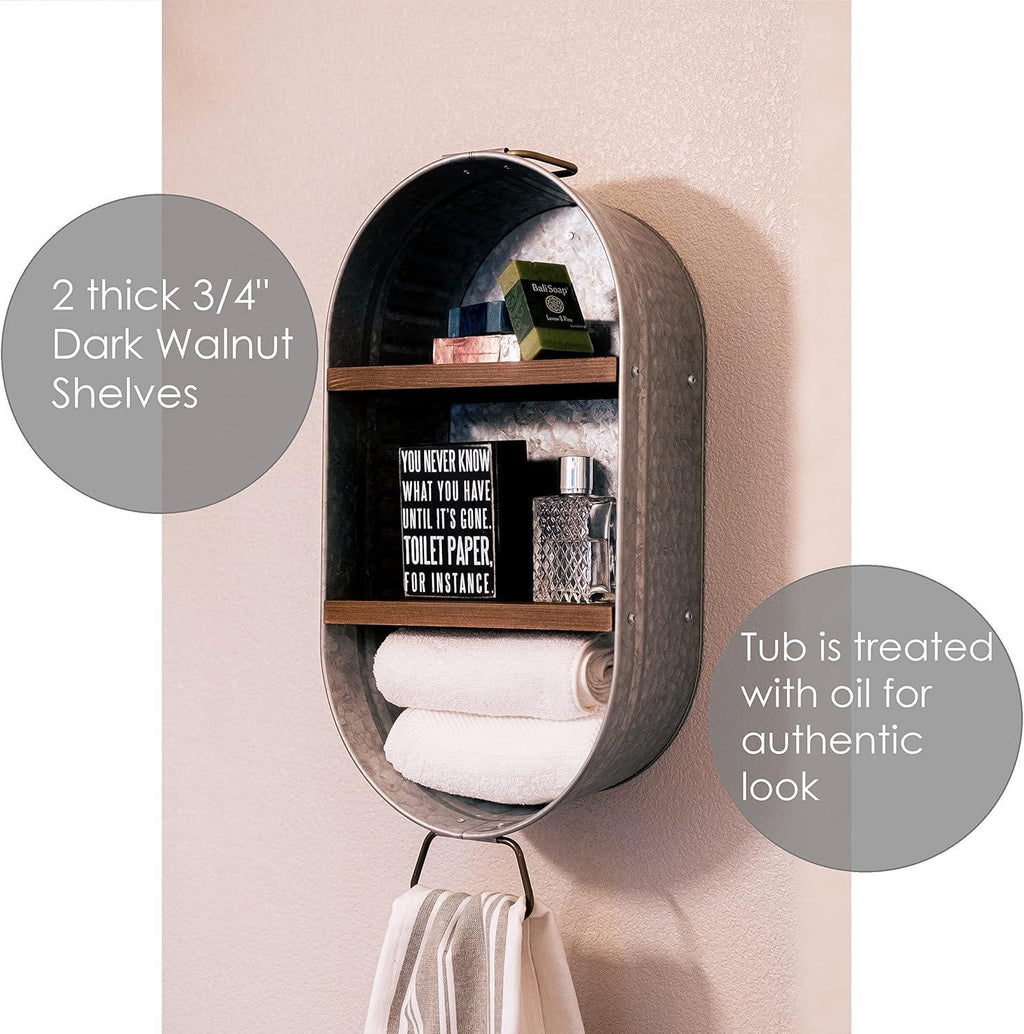 Galvanized Wash Tub with Shelves | Rustic Bathroom Décor | Farmhouse Rustic Bathroom Shelves | Metal Wash Tub Cubby | Galvanized Shelf Wall - Handmade Lifestyle Shop