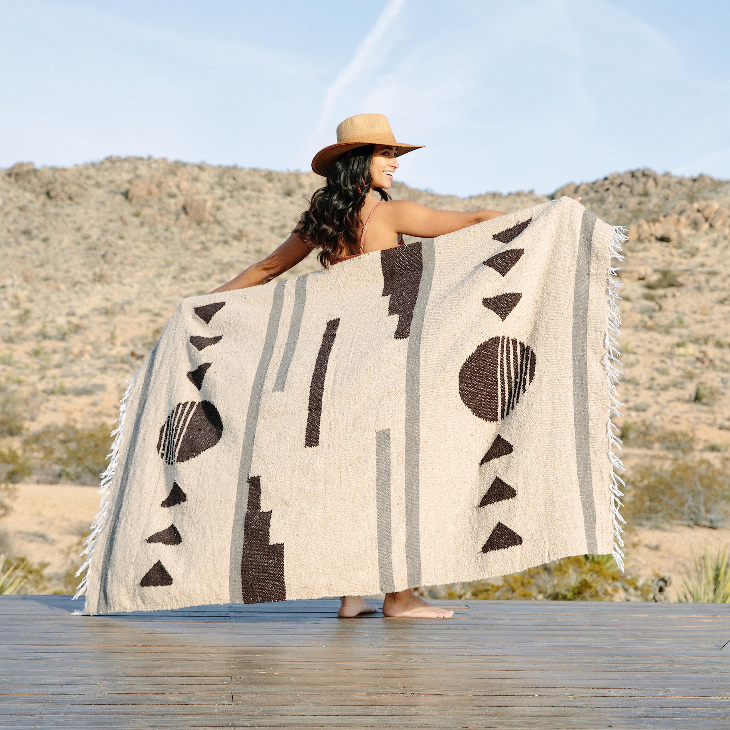Tan Mexican Blanket by Laguna Beach Textile Co - Beach, Yoga, Camping, or Decorative Throw Blanket - Traditional Handmade Serape - Wheat Sol