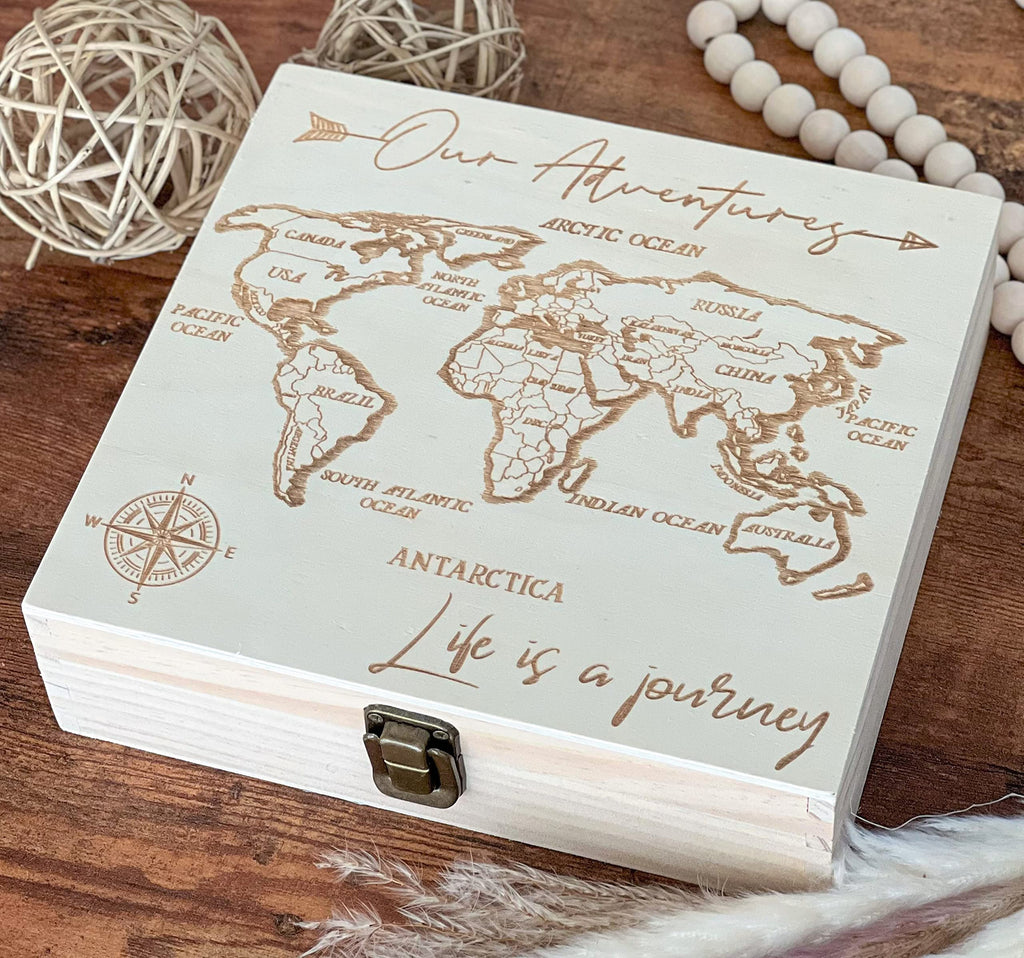 Dark Walnut Wooden Keepsake Box Our Adventures - 8.5x6x3in, Ideal for 5th Anniversary, Elegant Memory Box for Couples, Travel-Themed Storage