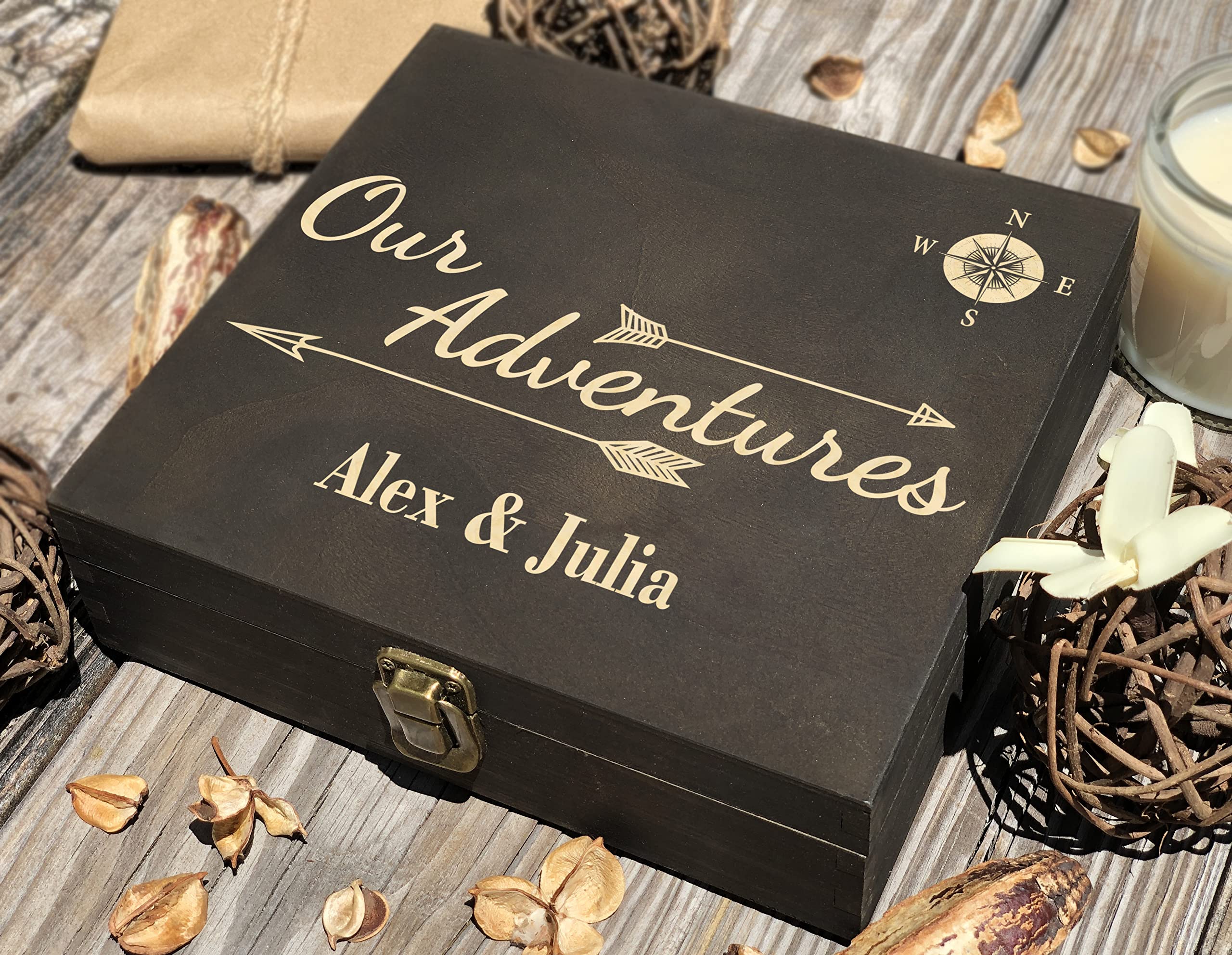 Dark Walnut Wooden Keepsake Box Our Adventures - 8.5x6x3in, Ideal for 5th Anniversary, Elegant Memory Box for Couples, Travel-Themed Storage