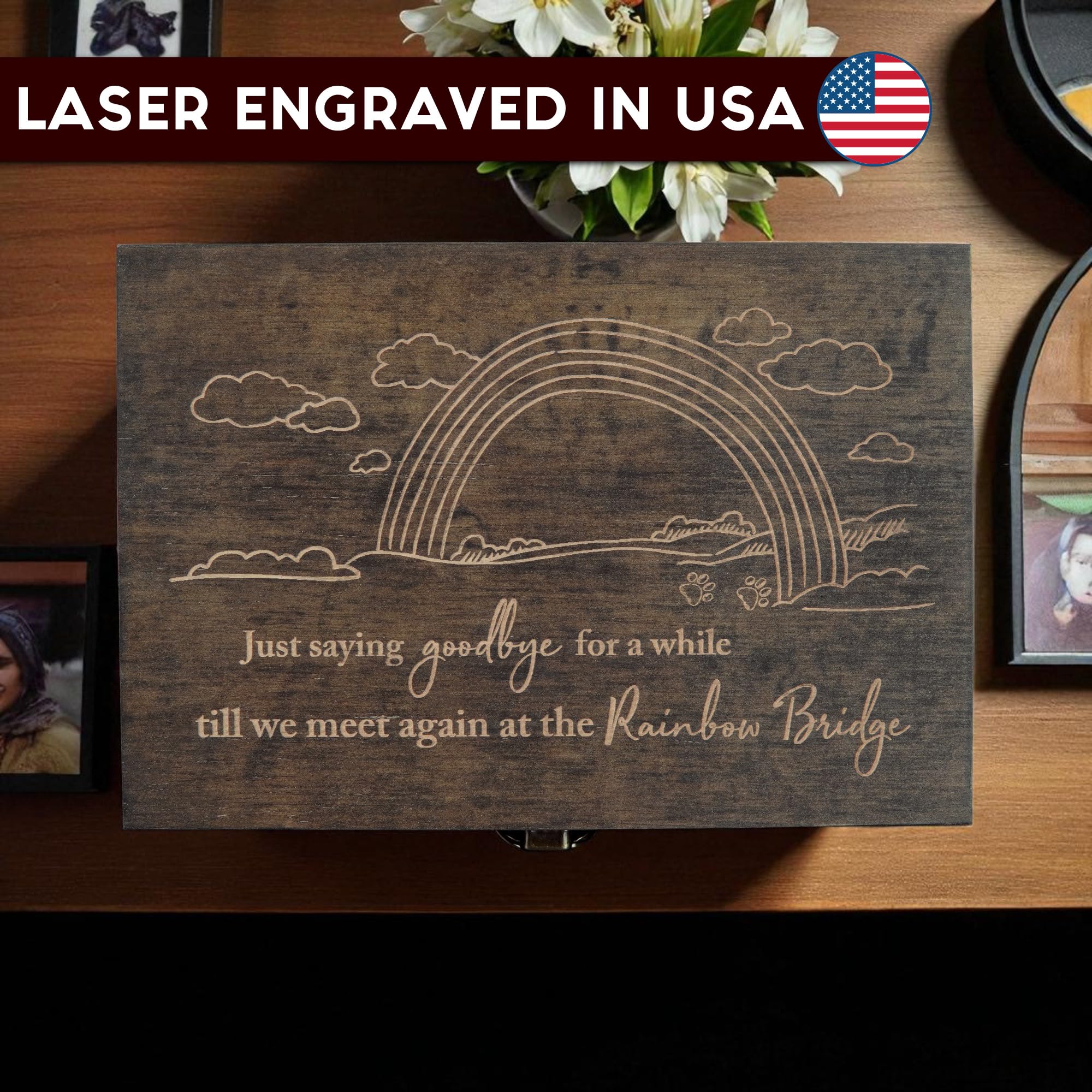 Engraved Memorial Memory Box – Wooden Keepsake Box for Loss of Loved One or Pet – Sympathy Gift – Medium Size – Dark Walnut Finish – 8.5 x 6 x 3 in