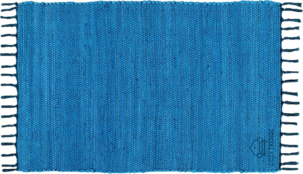 Handmade Cotton Rag Rug 24x36'' | 2x3' Multicolor Area Rugs- Hand Woven Washable & Reversible for Living Room Kitchen Entryway Throw Rug with Tassel (Denim)