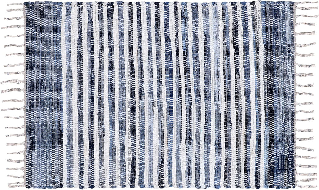 Handmade Cotton Rag Rug 24x36'' | 2x3' Multicolor Area Rugs- Hand Woven Washable & Reversible for Living Room Kitchen Entryway Throw Rug with Tassel (Denim)
