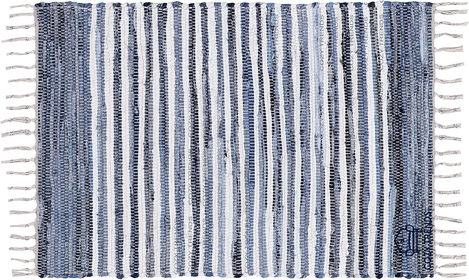 Handmade Cotton Rag Rug 24x36'' | 2x3' Multicolor Area Rugs- Hand Woven Washable & Reversible for Living Room Kitchen Entryway Throw Rug with Tassel (Denim)