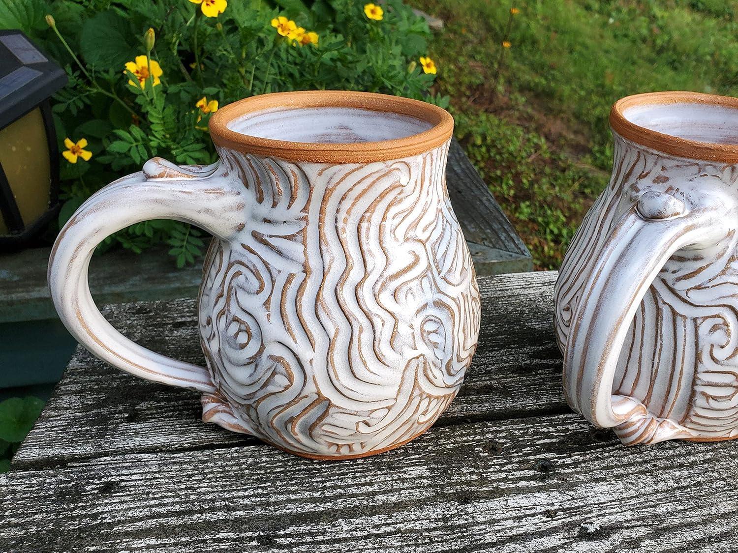 Huge Hand Thrown Pottery Mug Carved in Rooted Shale Handmade in Burnsville North Carolina - Handmade Lifestyle Shop