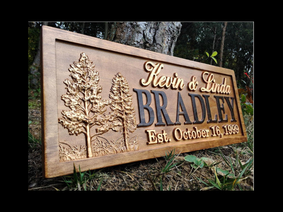 Rustic Wedding Signs Wood Wall Art Personalized Couples Gift Ideas Family Last Name Custom Name Sign Lakehouse Hunting Lodge Home Decor Tree Carved Wooden Cabin 5 Year Anniversary - Handmade Lifestyle Shop