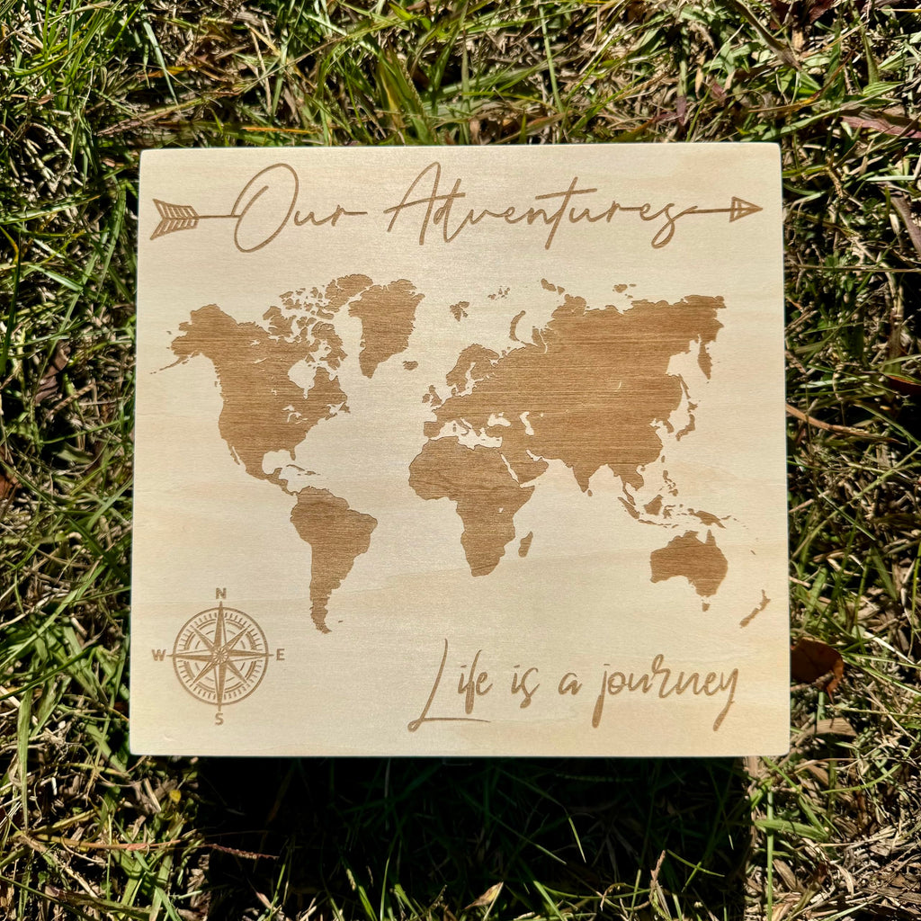 Dark Walnut Wooden Keepsake Box Our Adventures - 8.5x6x3in, Ideal for 5th Anniversary, Elegant Memory Box for Couples, Travel-Themed Storage