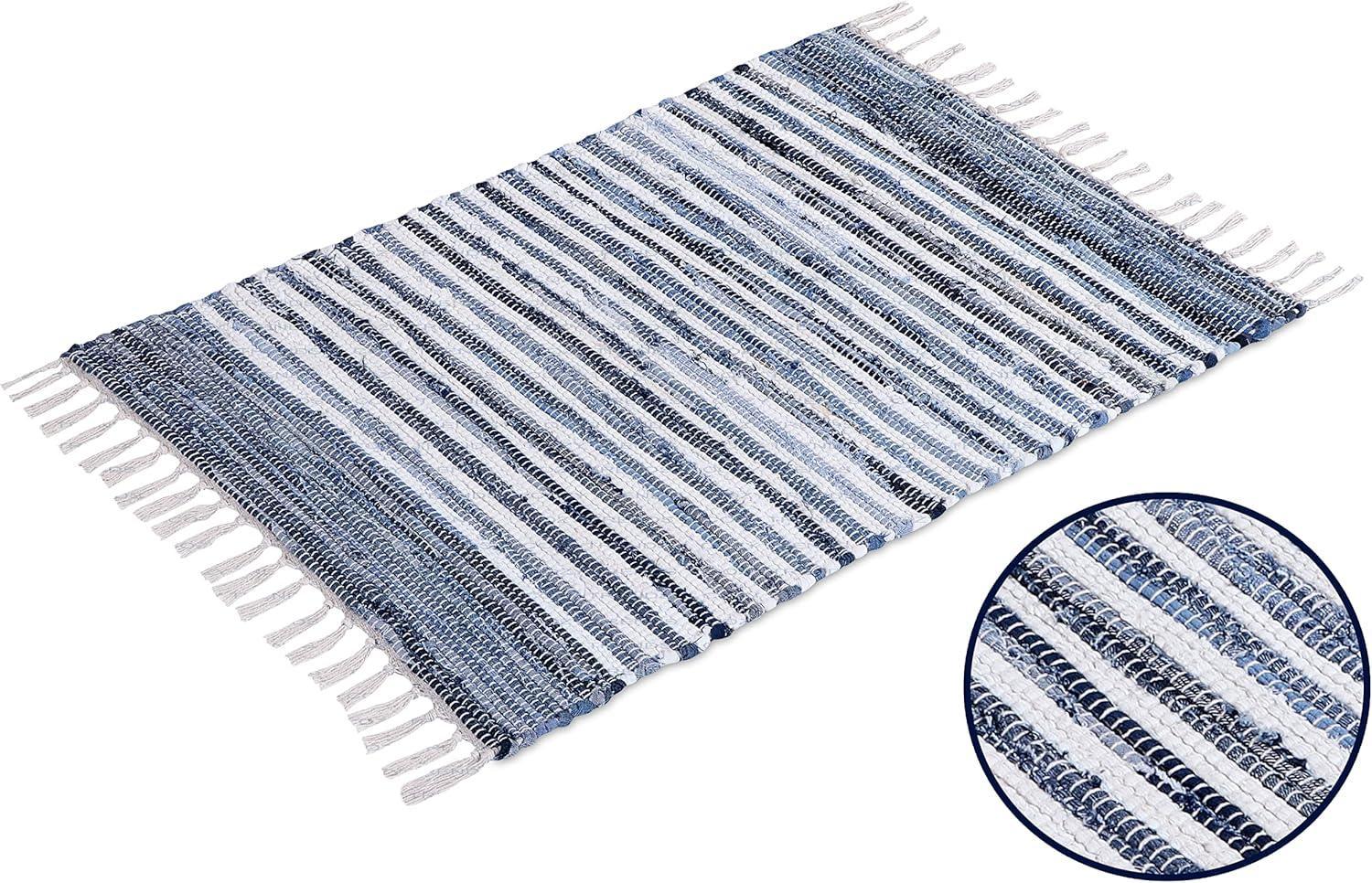 Handmade Cotton Rag Rug 24x36'' | 2x3' Multicolor Area Rugs- Hand Woven Washable & Reversible for Living Room Kitchen Entryway Throw Rug with Tassel (Denim) - Handmade Lifestyle Shop