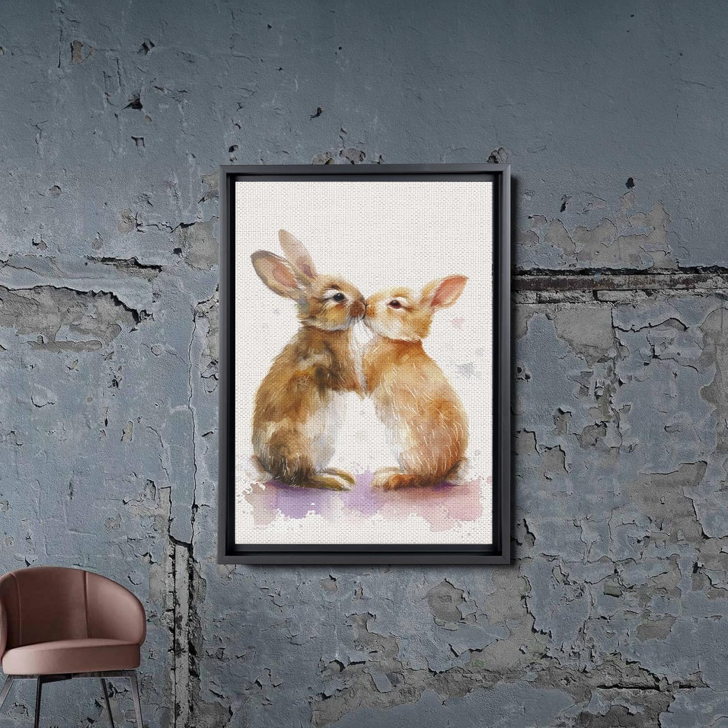 Watercolor Bunnies Kissing Rabbits Vintage Art Cute Easter Bunny, In The Style Of Dark White And Light Purple,Depictions Of Animals, Realistic Watercolor, Decor Canvas