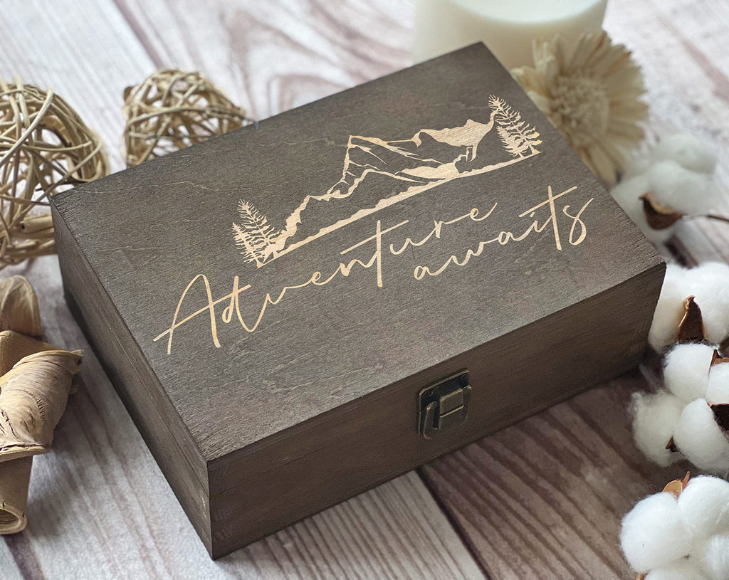 Dark Walnut Wooden Keepsake Box Our Adventures - 8.5x6x3in, Ideal for 5th Anniversary, Elegant Memory Box for Couples, Travel-Themed Storage