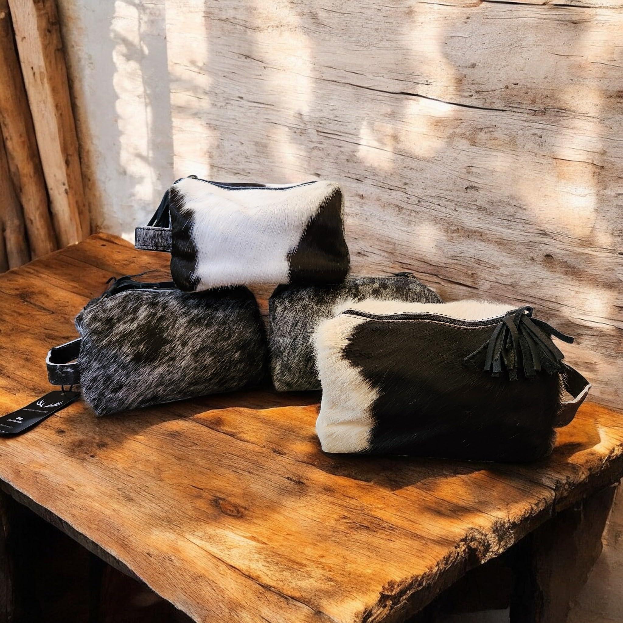 Ranch Junkie Mercantile Genuine Cowhide Handcrafted Cosmetic Pouch Highlands Cowhide Makeup Bag (Caramel Cowhide Mix) - Handmade Lifestyle Shop