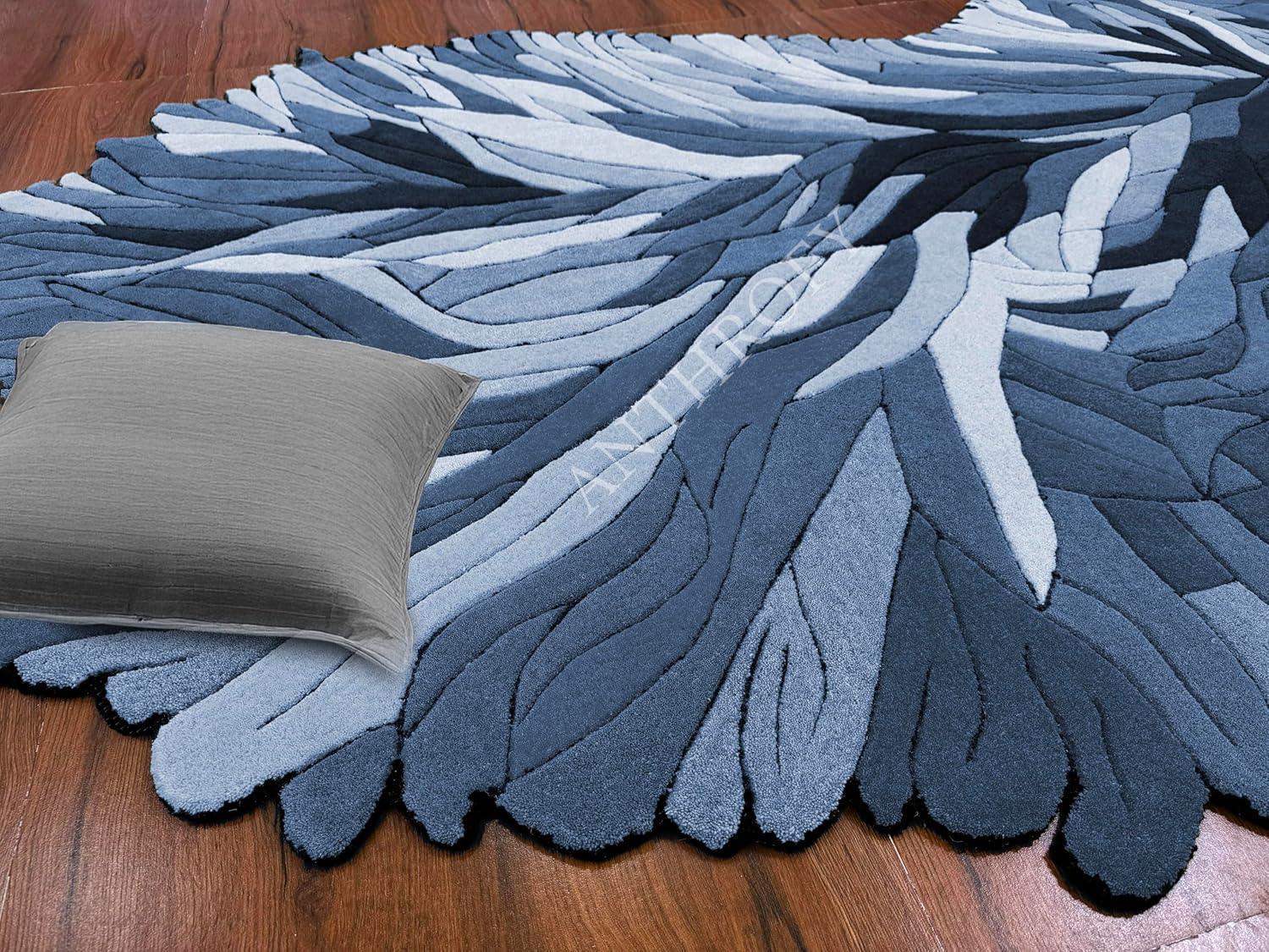 Irregular Shape Wool Area Rug – 3’ x 5' – Blue Color Handmade Unique Contemporary Botanical Design – Thick & Soft Rugs for Living Room, Bedroom - Handmade Lifestyle Shop