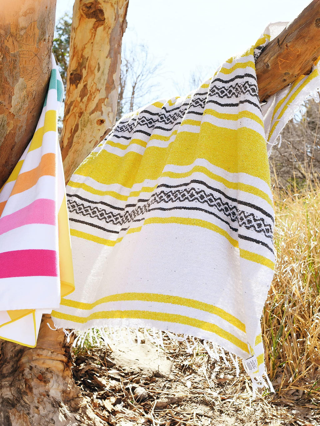 Tan Mexican Blanket by Laguna Beach Textile Co - Beach, Yoga, Camping, or Decorative Throw Blanket - Traditional Handmade Serape - Wheat Sol - Handmade Lifestyle Shop