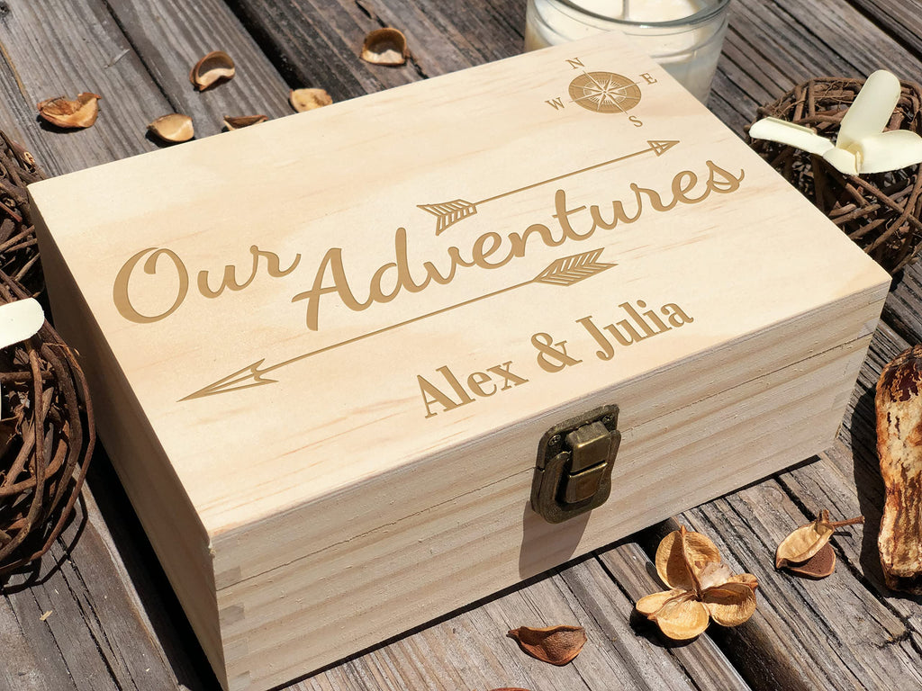 Dark Walnut Wooden Keepsake Box Our Adventures - 8.5x6x3in, Ideal for 5th Anniversary, Elegant Memory Box for Couples, Travel-Themed Storage