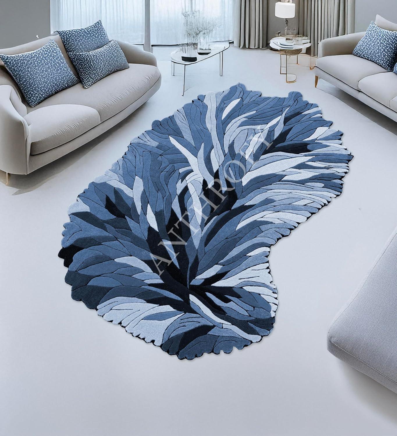 Irregular Shape Wool Area Rug – 3’ x 5' – Blue Color Handmade Unique Contemporary Botanical Design – Thick & Soft Rugs for Living Room, Bedroom - Handmade Lifestyle Shop