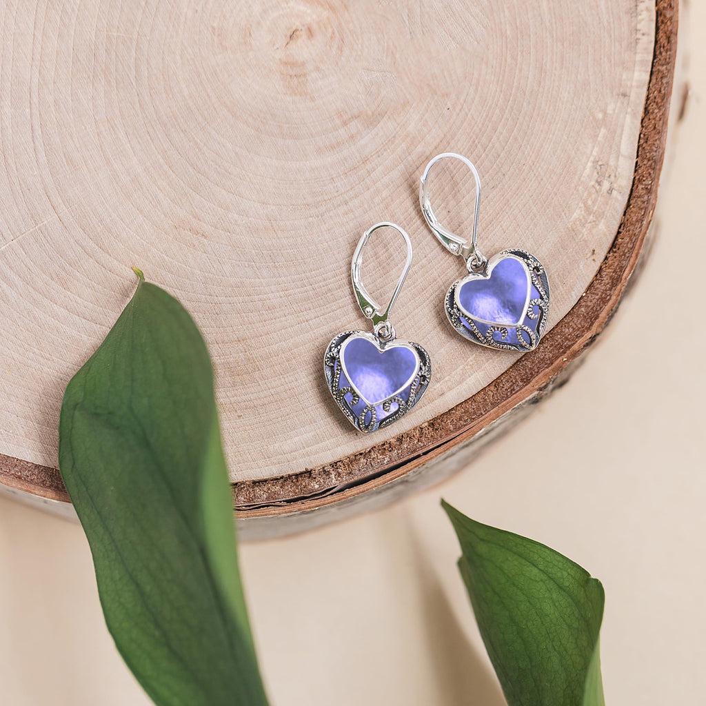 Bottled Up Designs Handmade Homespun Hearts Earrings, Recycled Vintage Glass, Sterling Silver, Eco Friendly, Made in USA, Mothers Day, Women, Anniversary