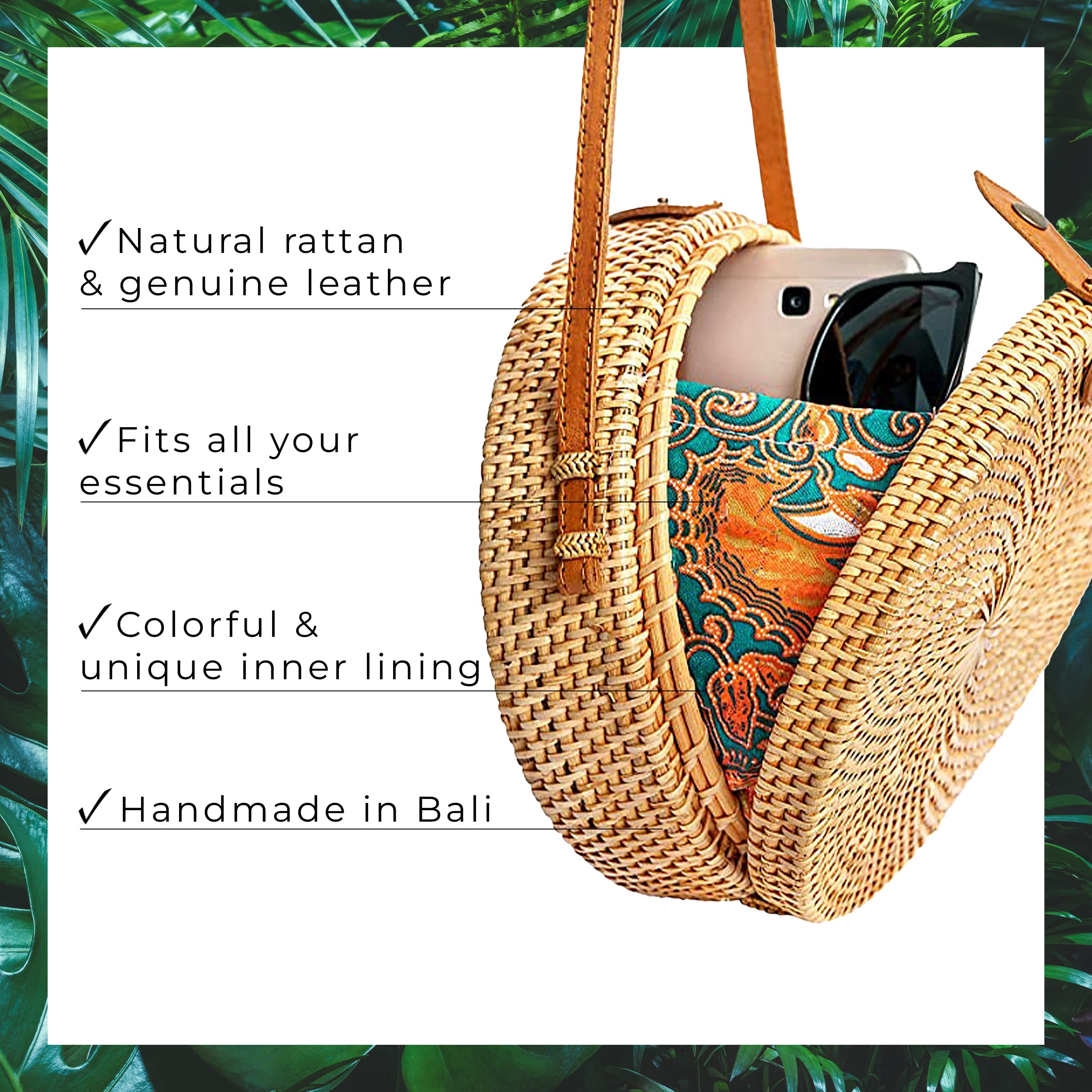 Novum Crafts Round Rattan Bag for Women - Handmade Straw Bags - Wicker Purse - Brown White Circle Crossbody Boho Bags