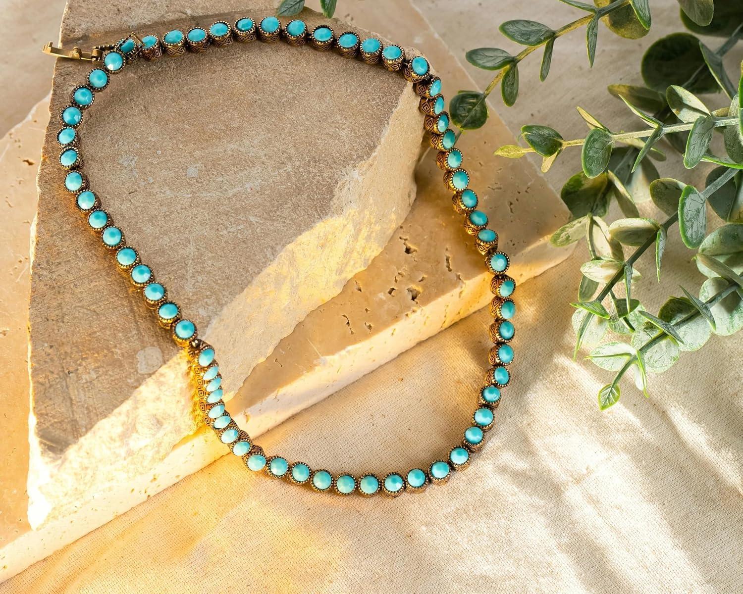 Vintage Tennis Turquoise Necklace for Women Gemstone Retro Boho Antique Choker Indian Jewelry Gift for Her Feroza Chain Pendant Vintage Tennis Turquoise Necklace Feroza Beads Natural Stone Minimalist Jewelry Handmade Diamond Handcrafted Hypoallergenic - Handmade Lifestyle Shop