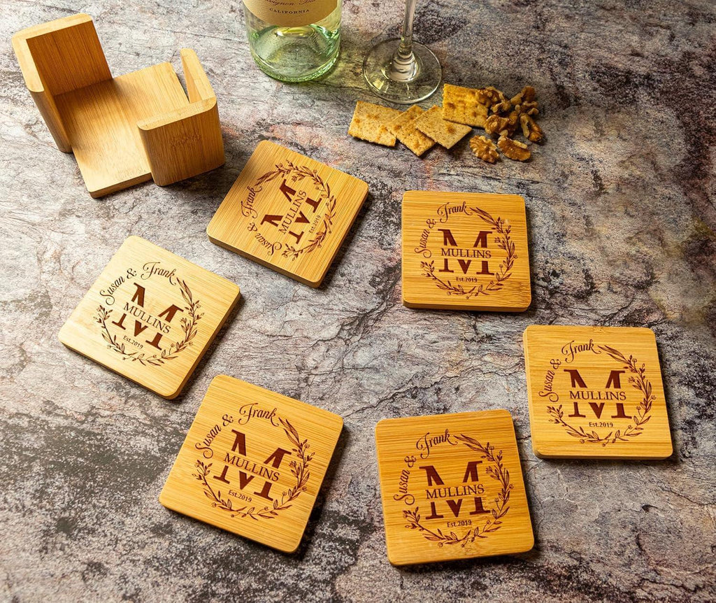 Silveroy Custom Coaster Set of 6 with Holder - Personalized Bamboo Bar Coasters for Anniversary, Wedding, Ideas to Couples, Newlyweds - Handmade Lifestyle Shop