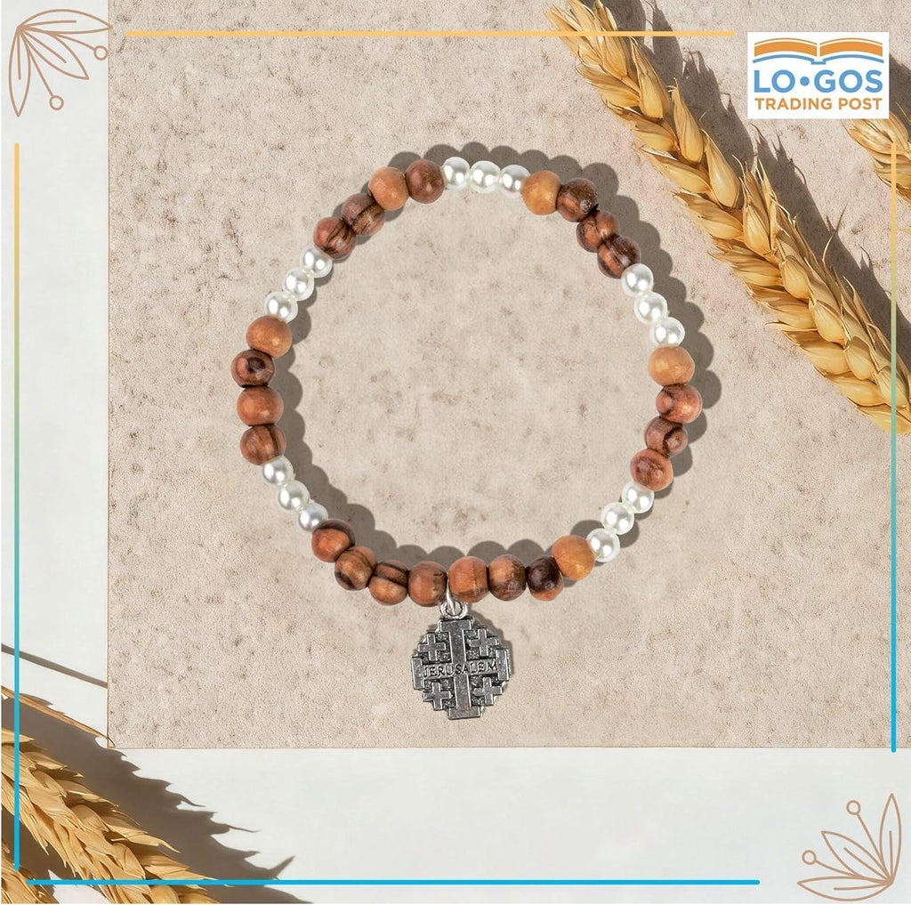Handcrafted Olive Wood & White Bead Bracelet With Cross – Silver-Plated Jerusalem Cross Dangle – The Holy Land of Bethlehem Gifts – Unique Catholic Jewelry for Men and Women - Handmade Lifestyle Shop