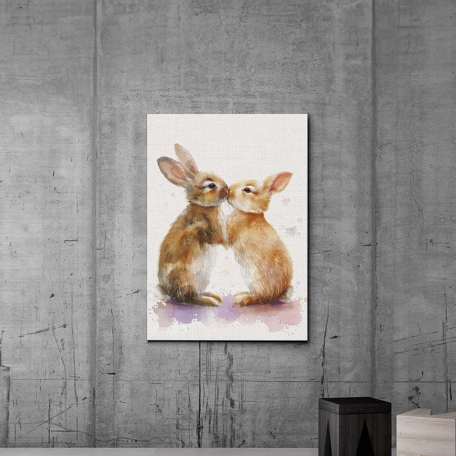 Watercolor Bunnies Kissing Rabbits Vintage Art Cute Easter Bunny, In The Style Of Dark White And Light Purple,Depictions Of Animals, Realistic Watercolor, Decor Canvas