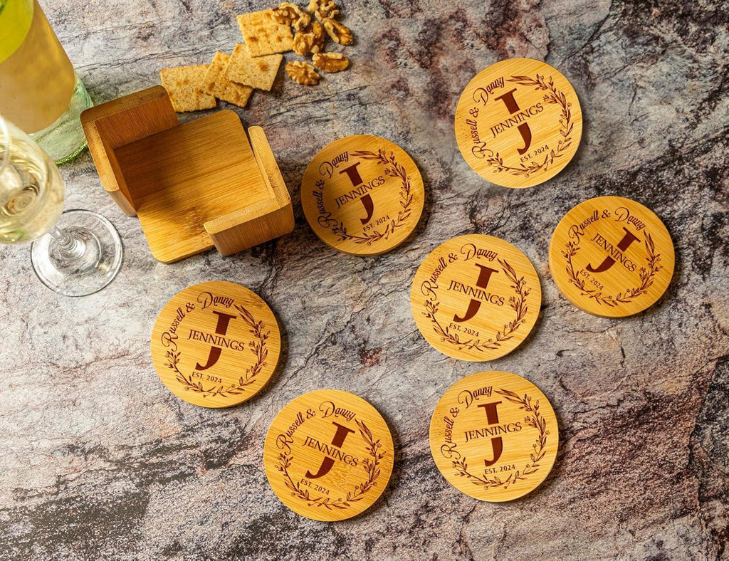 Silveroy Custom Coaster Set of 6 with Holder - Personalized Bamboo Bar Coasters for Anniversary, Wedding, Ideas to Couples, Newlyweds - Handmade Lifestyle Shop