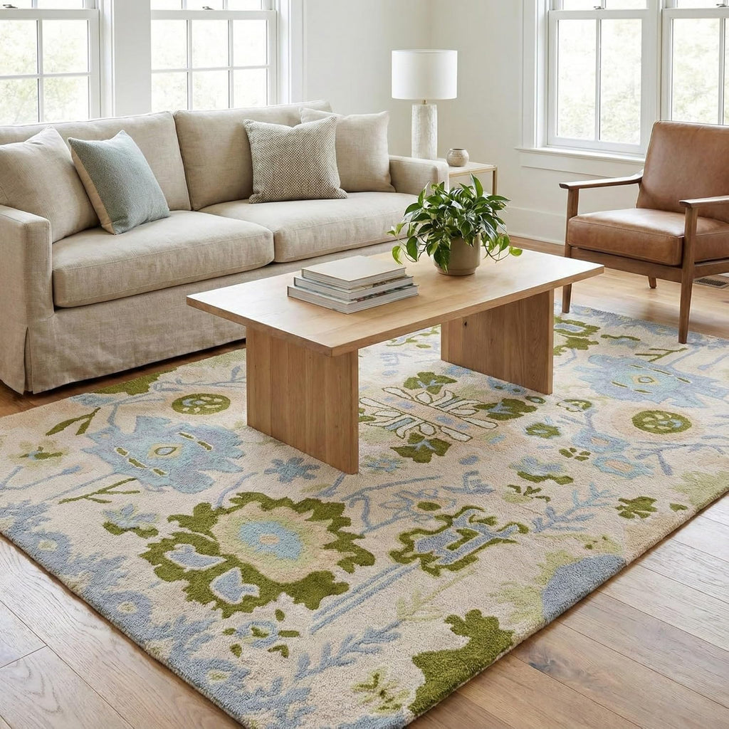 Handmade Oushak Wool Area Rug | Floral and Botanical Patterns in Soft Blue and Green | Luxurious Thick Pile for Living Room, Bedroom & Dining Room Decor (Ivory, 5' x 8')
