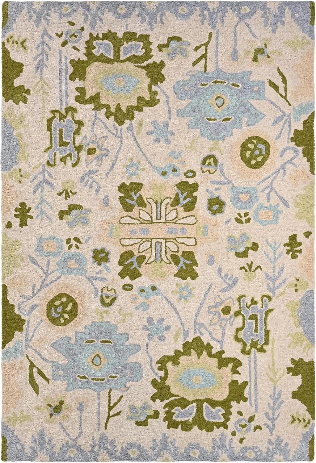 Handmade Oushak Wool Area Rug | Floral and Botanical Patterns in Soft Blue and Green | Luxurious Thick Pile for Living Room, Bedroom & Dining Room Decor (Ivory, 5' x 8')