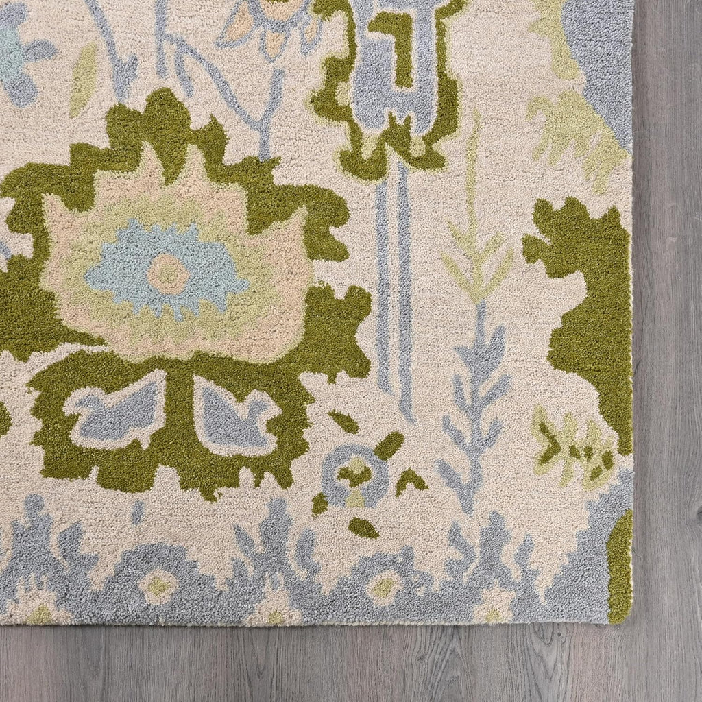 Handmade Oushak Wool Area Rug | Floral and Botanical Patterns in Soft Blue and Green | Luxurious Thick Pile for Living Room, Bedroom & Dining Room Decor (Ivory, 5' x 8')