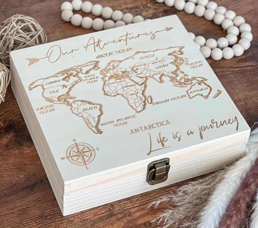Dark Walnut Wooden Keepsake Box Our Adventures - 8.5x6x3in, Ideal for 5th Anniversary, Elegant Memory Box for Couples, Travel-Themed Storage