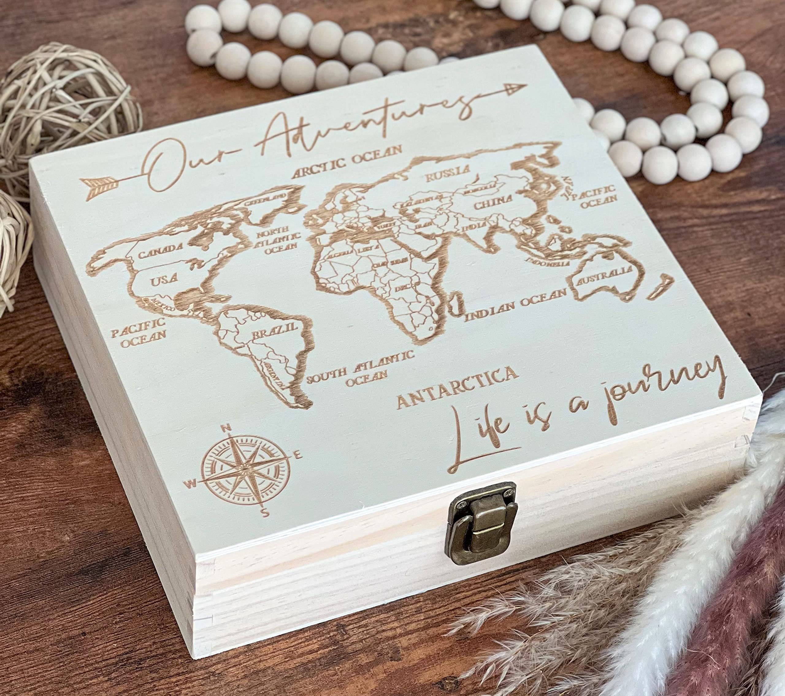Dark Walnut Wooden Keepsake Box Our Adventures - 8.5x6x3in, Ideal for 5th Anniversary, Elegant Memory Box for Couples, Travel-Themed Storage