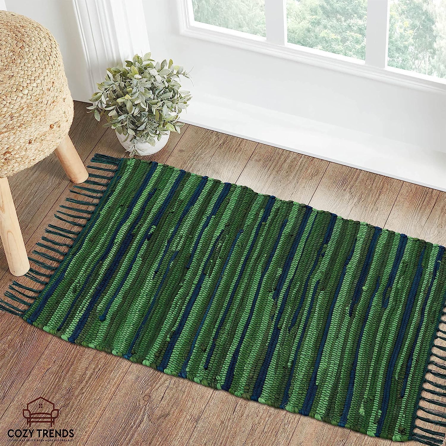 Handmade Cotton Rag Rug 24x36'' | 2x3' Multicolor Area Rugs- Hand Woven Washable & Reversible for Living Room Kitchen Entryway Throw Rug with Tassel (Denim)