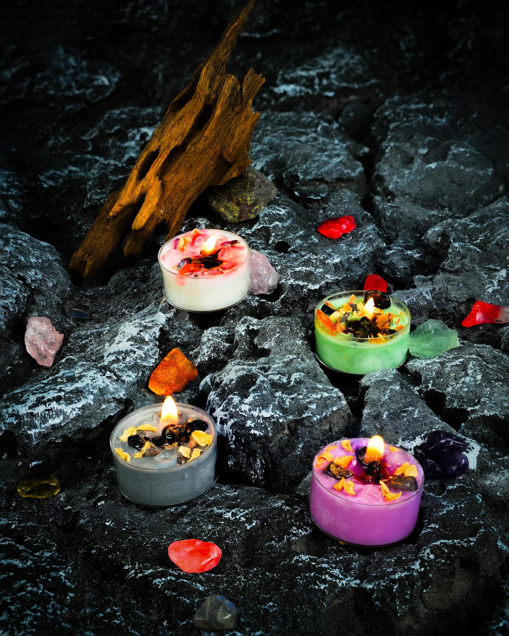 Tealight Soy Candles with Crystals and Herbs, Handmade Energy Candles, Aromatherapy Candles. (Mixed)