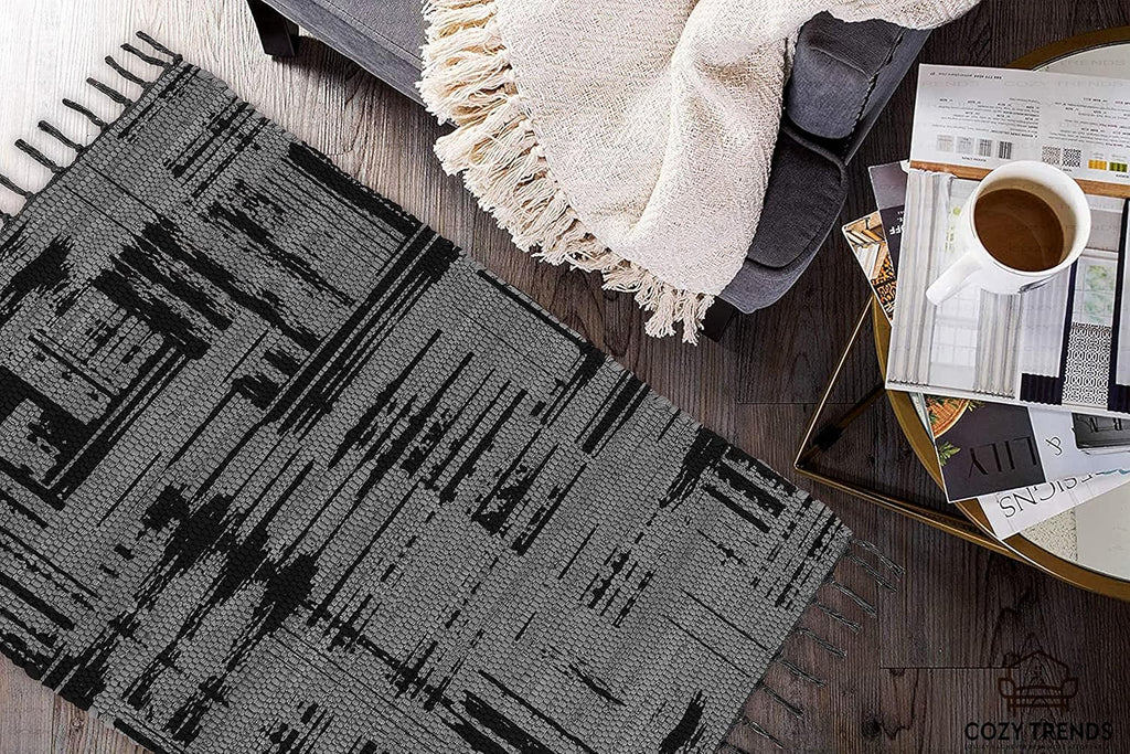 Handmade Cotton Rag Rug 24x36'' | 2x3' Multicolor Area Rugs- Hand Woven Washable & Reversible for Living Room Kitchen Entryway Throw Rug with Tassel (Denim)