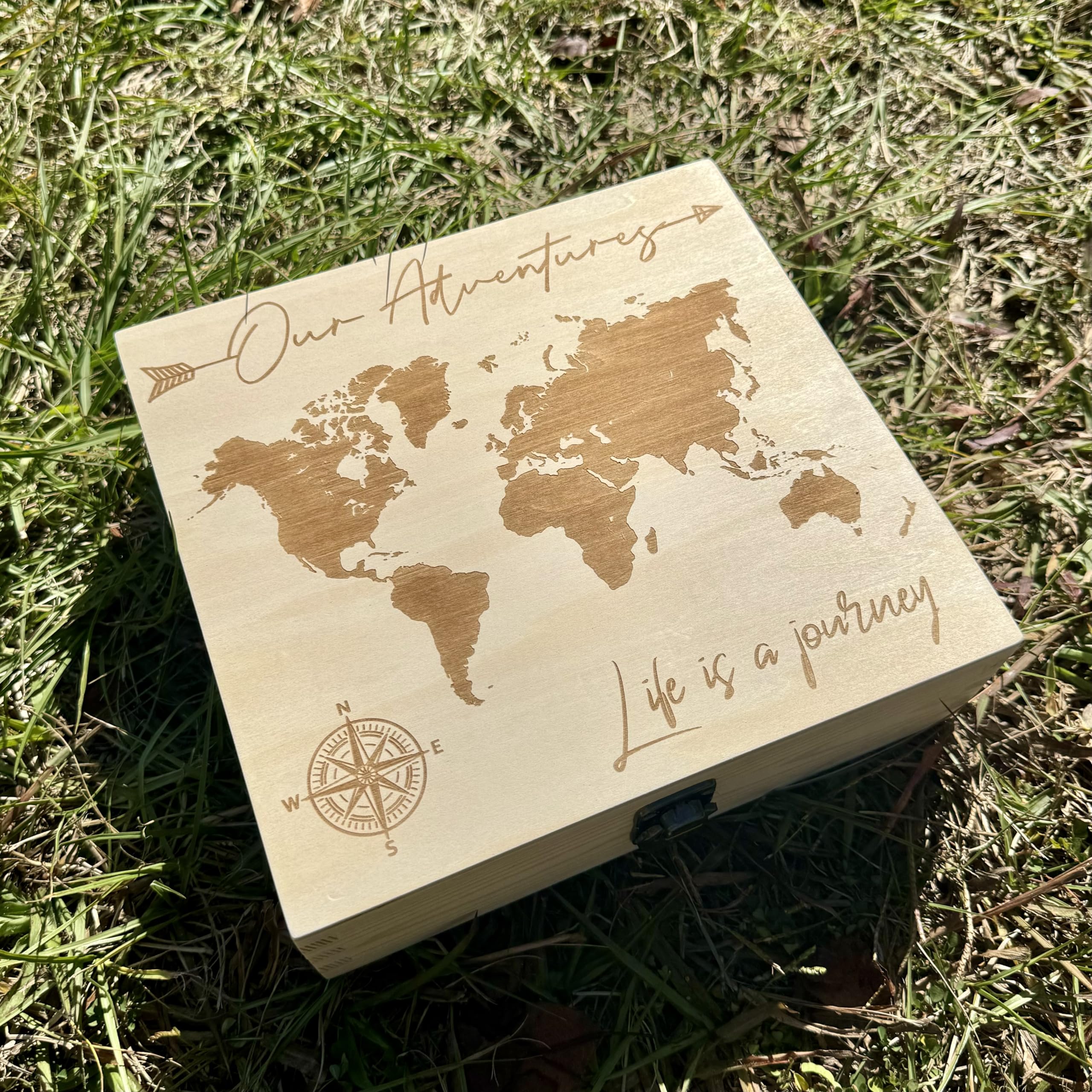 Dark Walnut Wooden Keepsake Box Our Adventures - 8.5x6x3in, Ideal for 5th Anniversary, Elegant Memory Box for Couples, Travel-Themed Storage