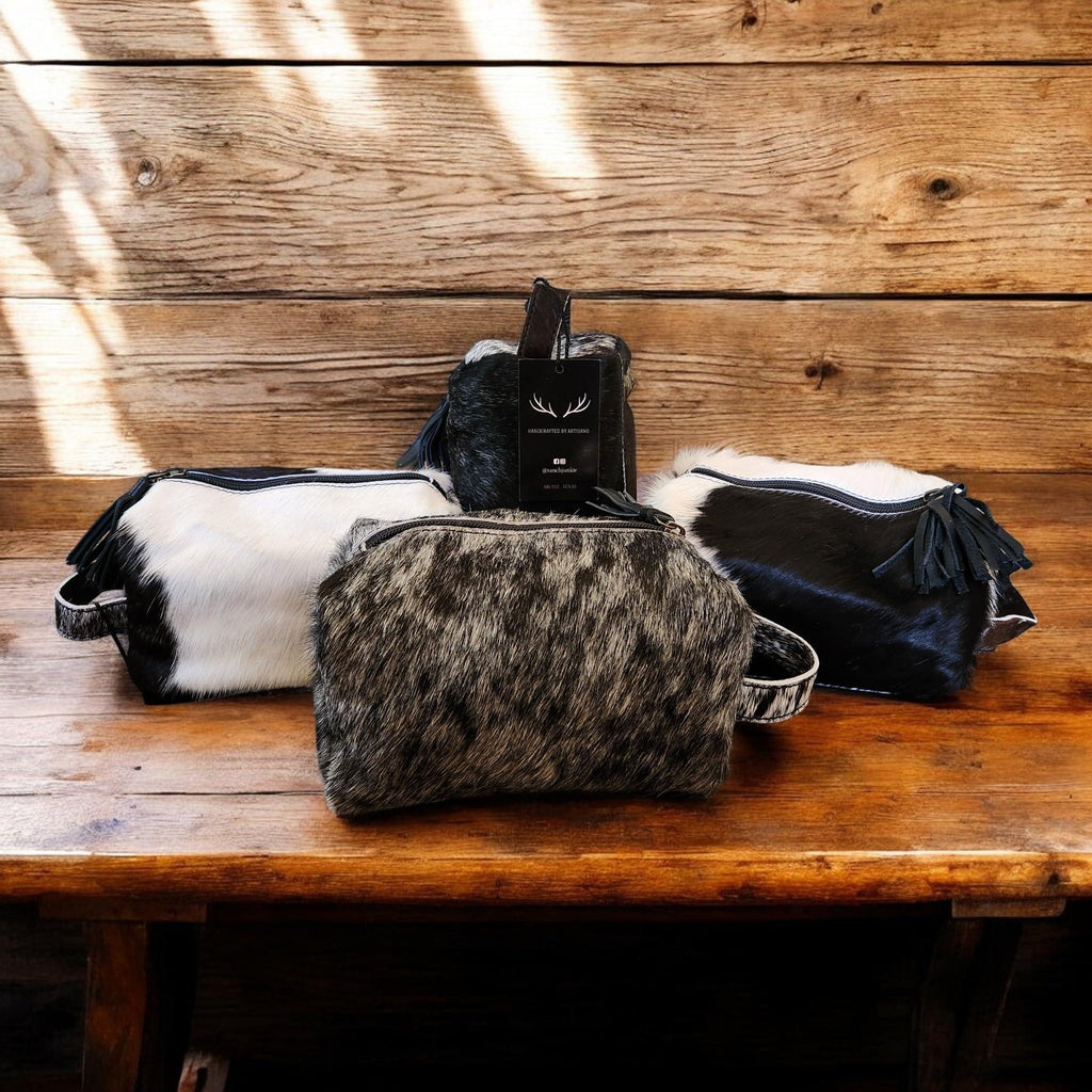 Ranch Junkie Mercantile Genuine Cowhide Handcrafted Cosmetic Pouch Highlands Cowhide Makeup Bag (Caramel Cowhide Mix) - Handmade Lifestyle Shop