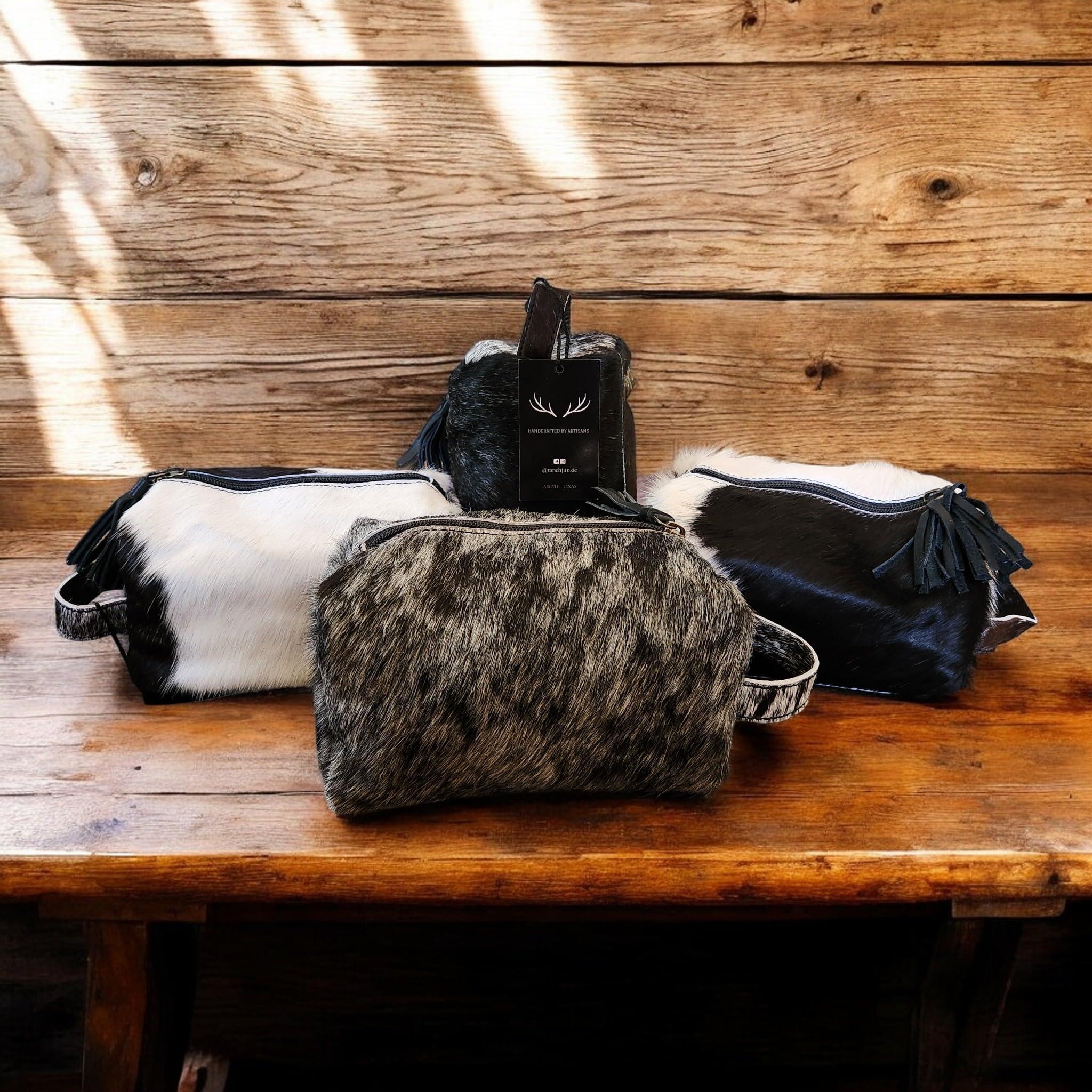 Ranch Junkie Mercantile Genuine Cowhide Handcrafted Cosmetic Pouch Highlands Cowhide Makeup Bag (Caramel Cowhide Mix) - Handmade Lifestyle Shop