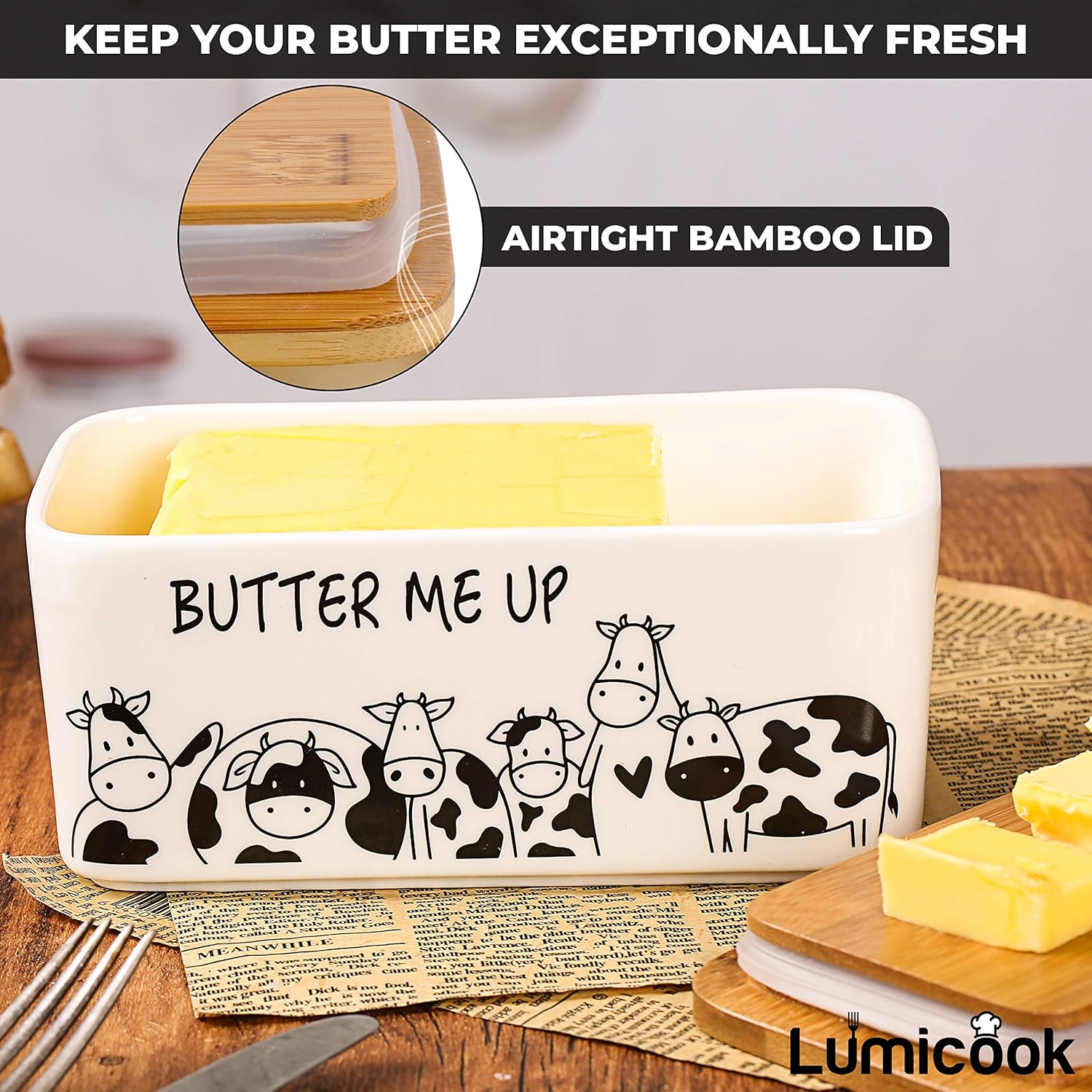 Butter Dish with Lid, Butter Dish with Lid for Countertop, White Butter Keeper Holds Up to 2 Sticks - Butter Holder and Container (Black butter me up, Large)