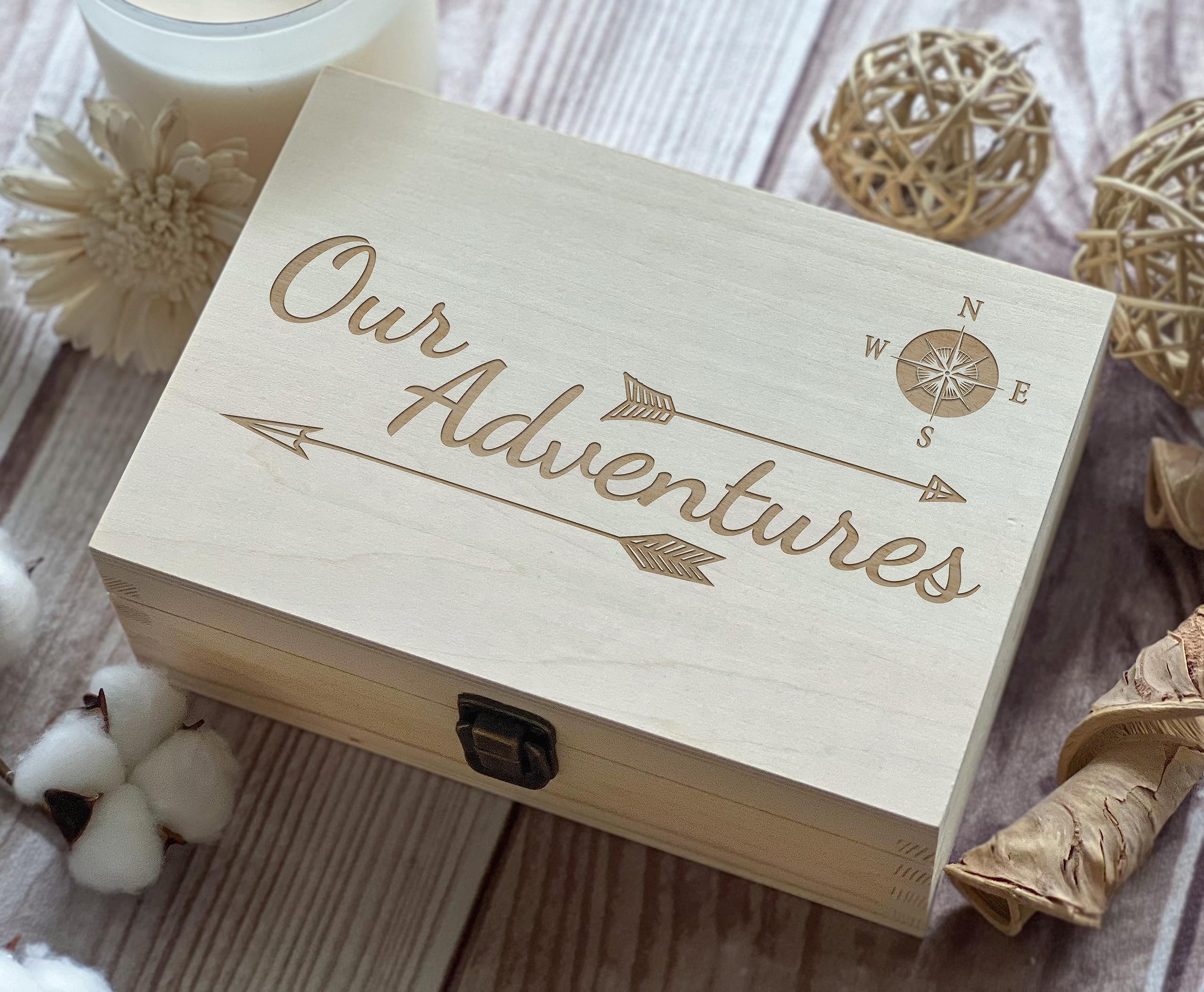 Dark Walnut Wooden Keepsake Box Our Adventures - 8.5x6x3in, Ideal for 5th Anniversary, Elegant Memory Box for Couples, Travel-Themed Storage