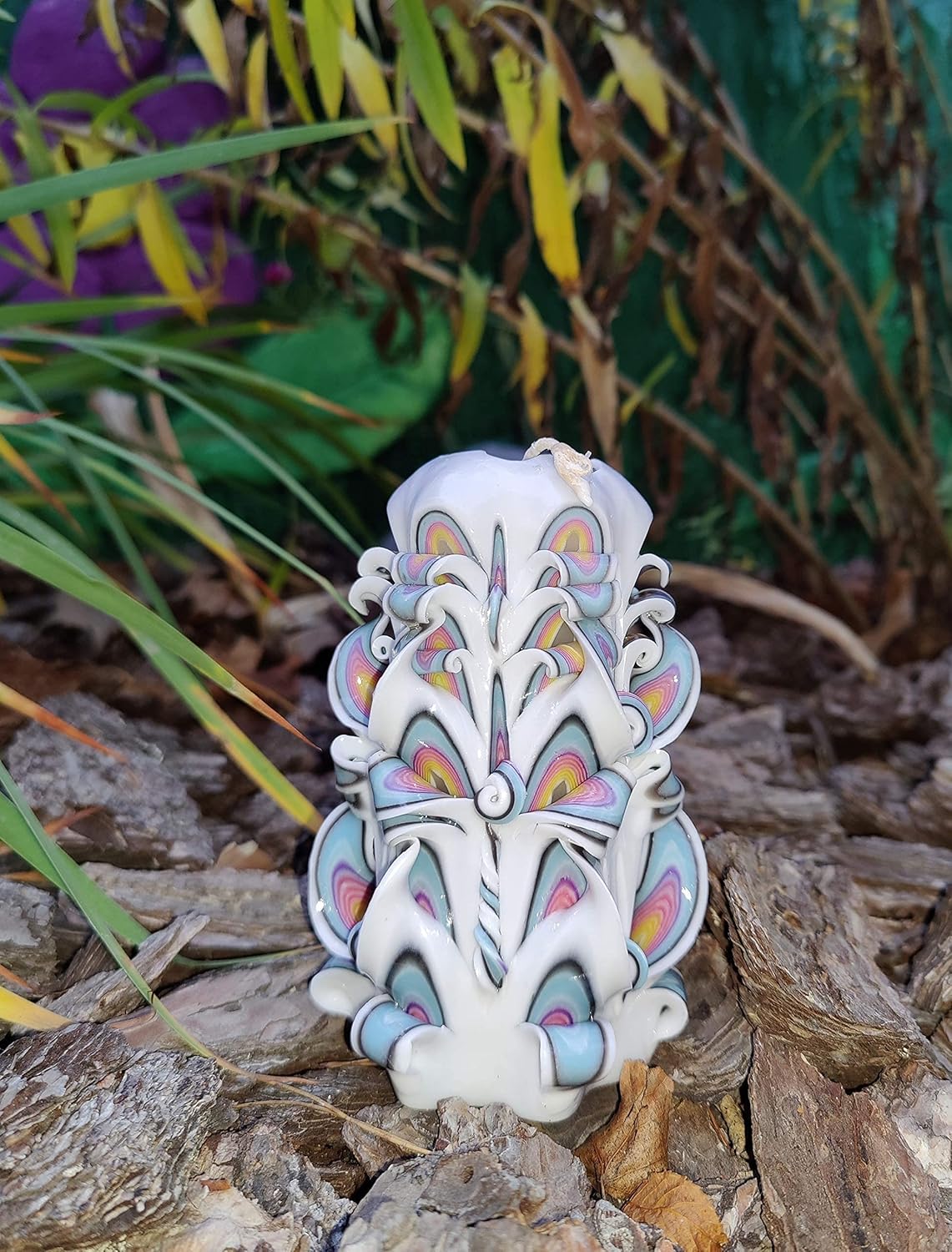 Handmade Carved Candle - Surprise Gift For Her - Decor Birthday Halloween Thanksgiving Christmas - Spiritual Living Room Home Decor Candles - Unique Engagement Wedding Idea - White Blue - Ordagio