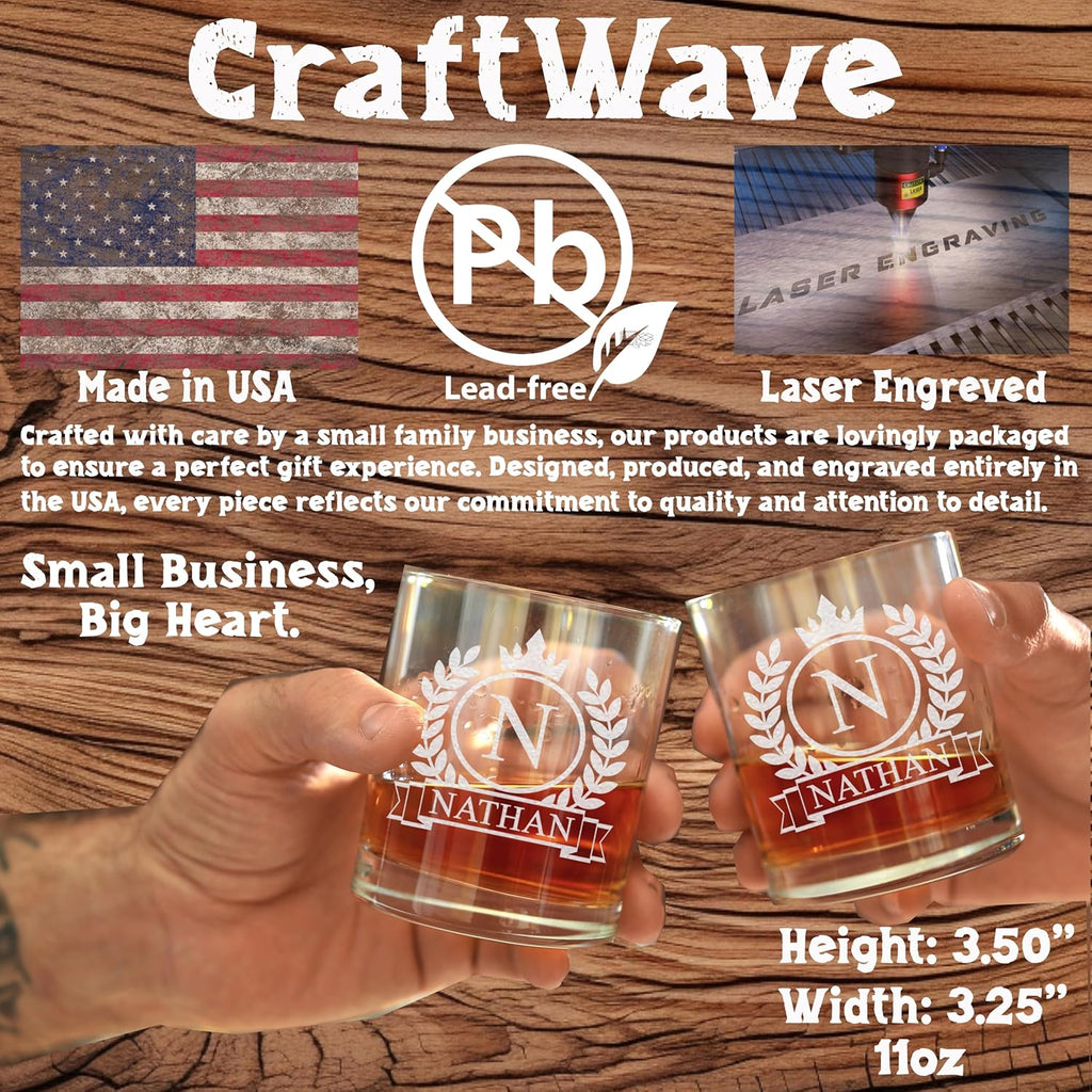 Personalized Whiskey Glass for Men, Custom Engraved Name & Initial Rocks Glasses, 11oz, Barware for Men, Father’s Day Gifts
