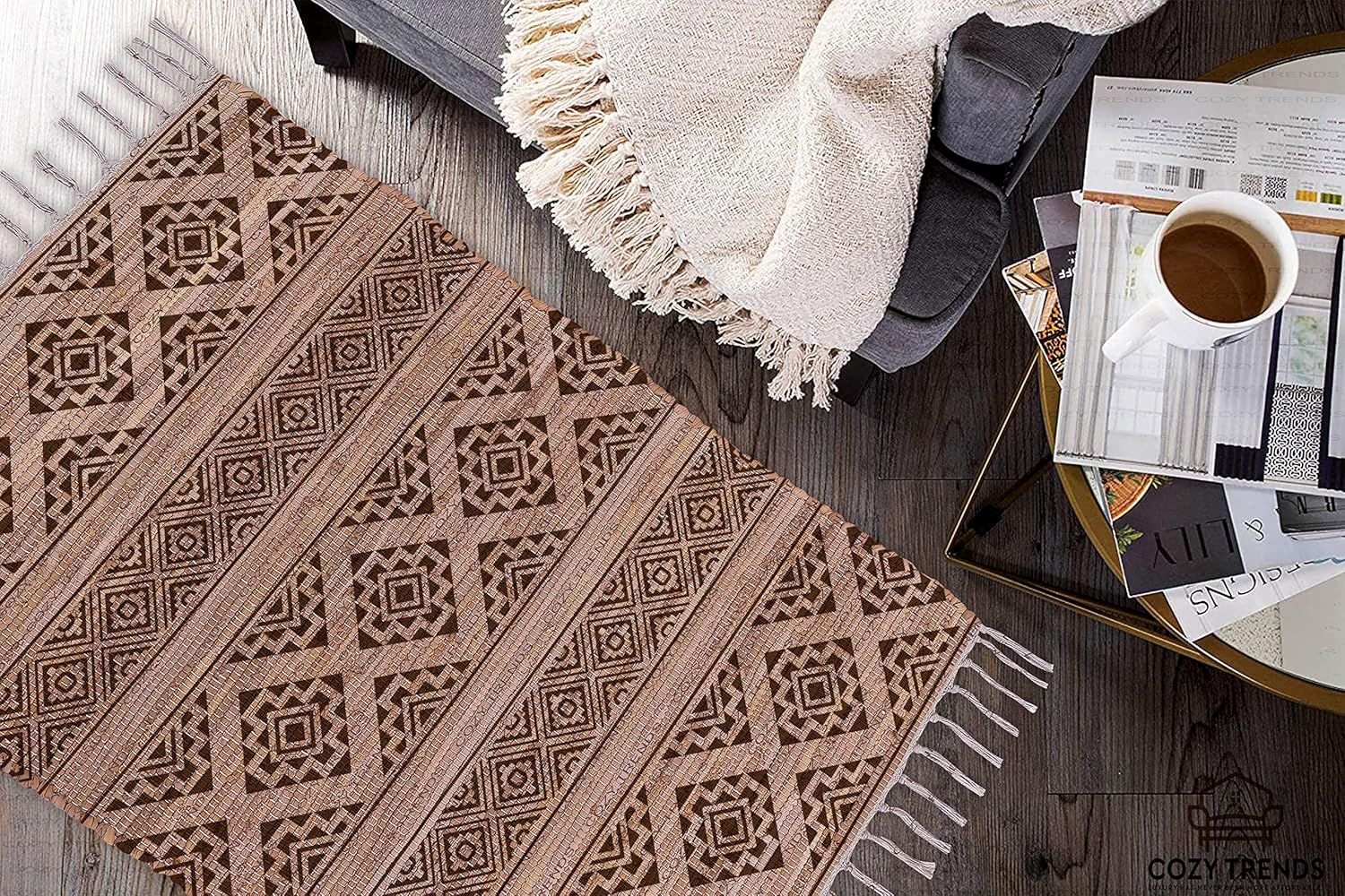 Handmade Cotton Rag Rug 24x36'' | 2x3' Multicolor Area Rugs- Hand Woven Washable & Reversible for Living Room Kitchen Entryway Throw Rug with Tassel (Denim)