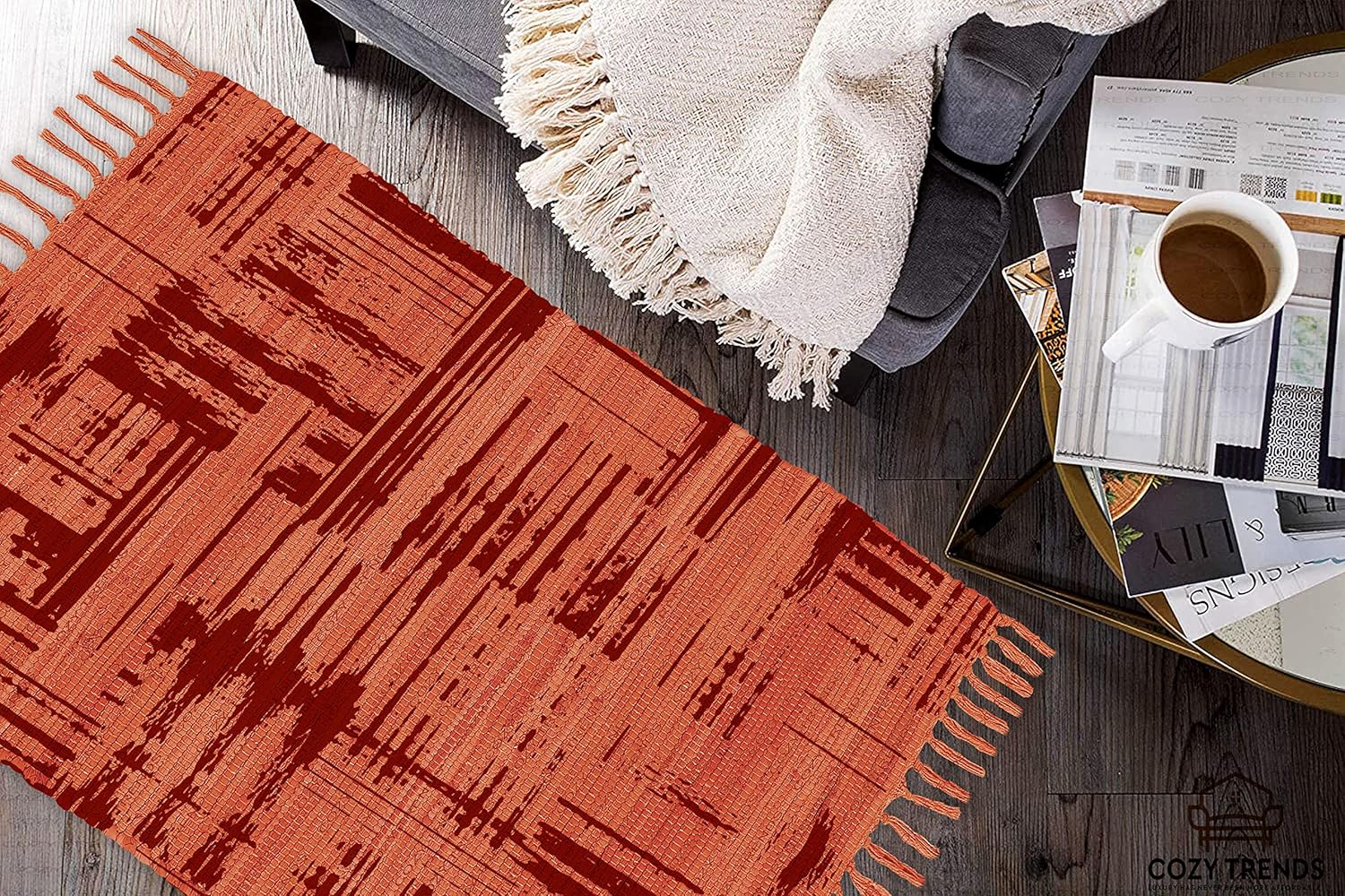 Handmade Cotton Rag Rug 24x36'' | 2x3' Multicolor Area Rugs- Hand Woven Washable & Reversible for Living Room Kitchen Entryway Throw Rug with Tassel (Denim)