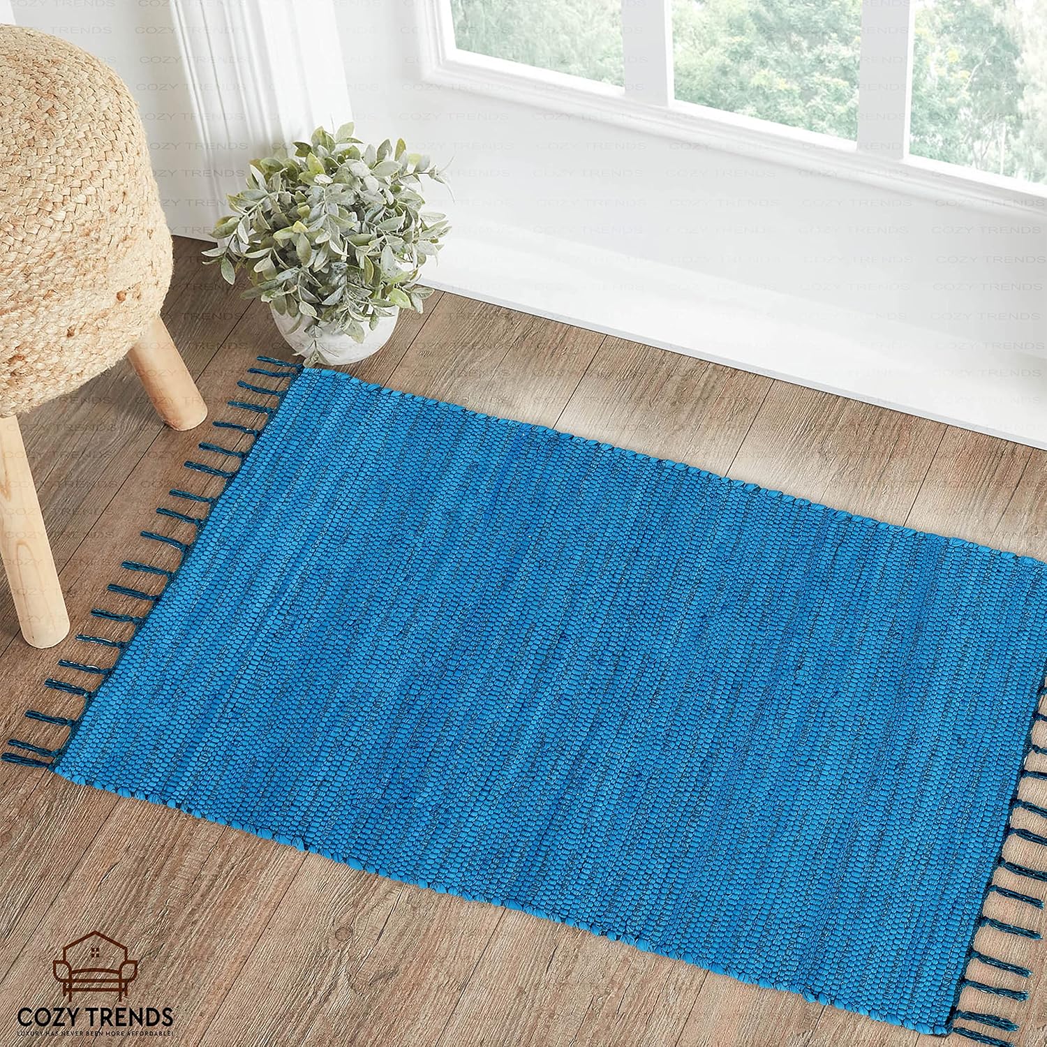 Handmade Cotton Rag Rug 24x36'' | 2x3' Multicolor Area Rugs- Hand Woven Washable & Reversible for Living Room Kitchen Entryway Throw Rug with Tassel (Denim)