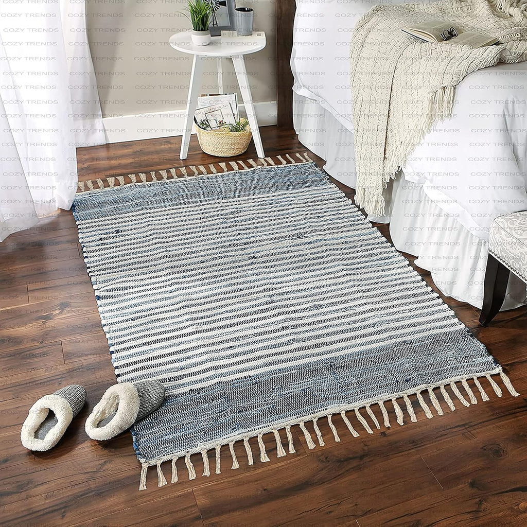 Handmade Cotton Rag Rug 24x36'' | 2x3' Multicolor Area Rugs- Hand Woven Washable & Reversible for Living Room Kitchen Entryway Throw Rug with Tassel (Denim)