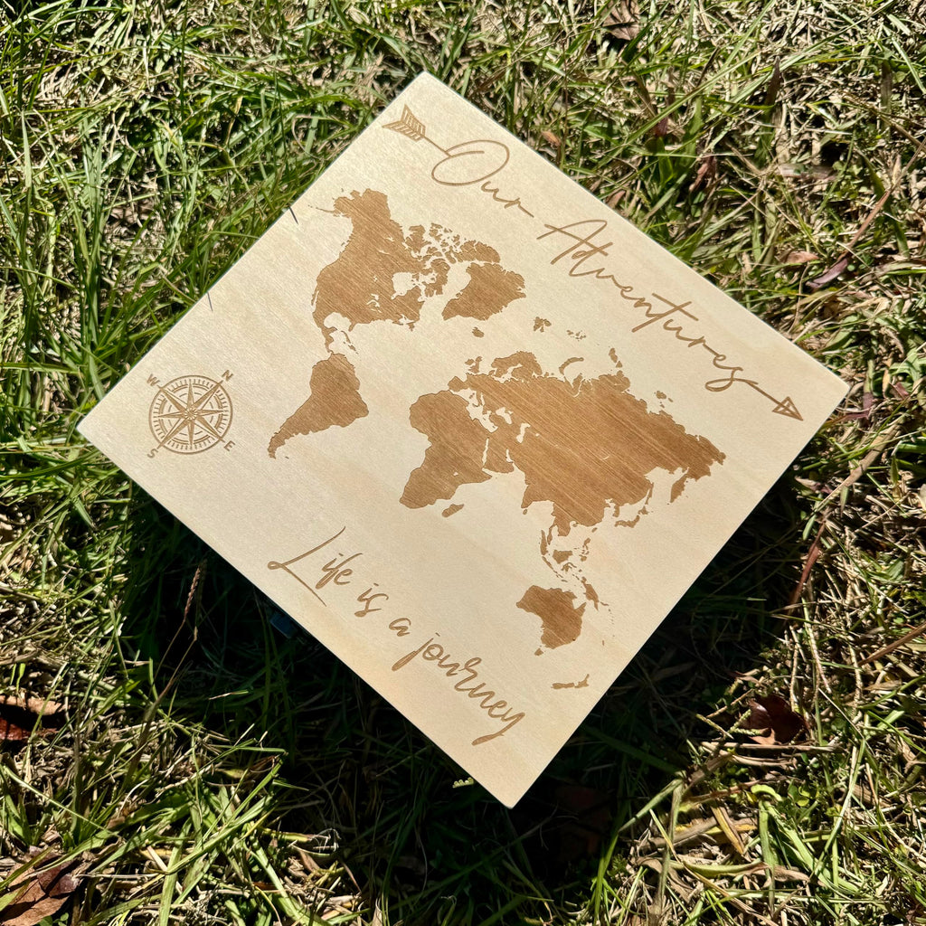 Dark Walnut Wooden Keepsake Box Our Adventures - 8.5x6x3in, Ideal for 5th Anniversary, Elegant Memory Box for Couples, Travel-Themed Storage