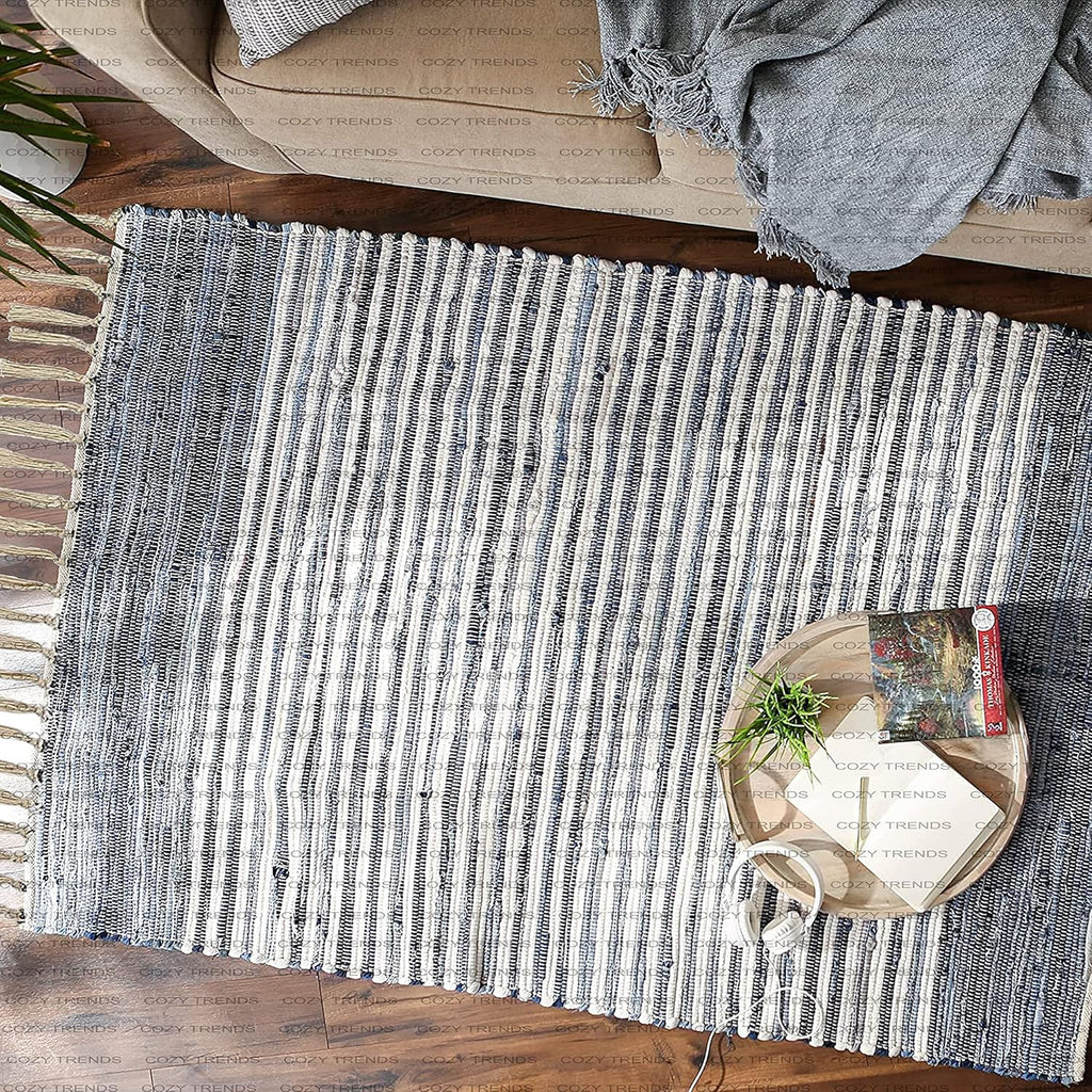 Handmade Cotton Rag Rug 24x36'' | 2x3' Multicolor Area Rugs- Hand Woven Washable & Reversible for Living Room Kitchen Entryway Throw Rug with Tassel (Denim)