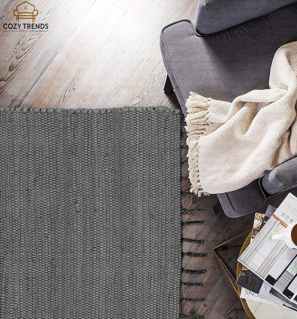 Handmade Cotton Rag Rug 24x36'' | 2x3' Multicolor Area Rugs- Hand Woven Washable & Reversible for Living Room Kitchen Entryway Throw Rug with Tassel (Denim)